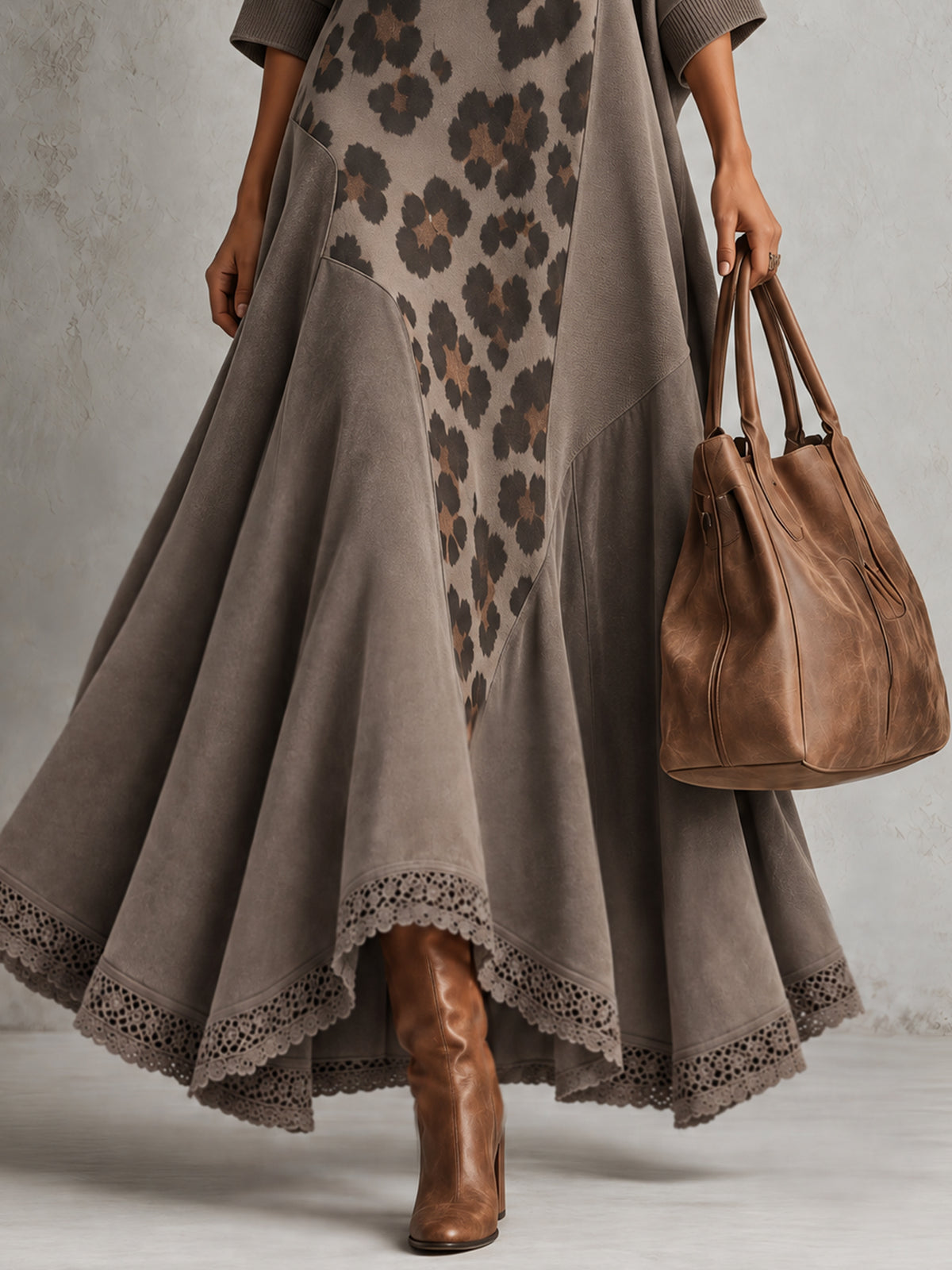 Taupe Oversized Faux Suede Leopard Print Patchwork Turtleneck Maxi Dress