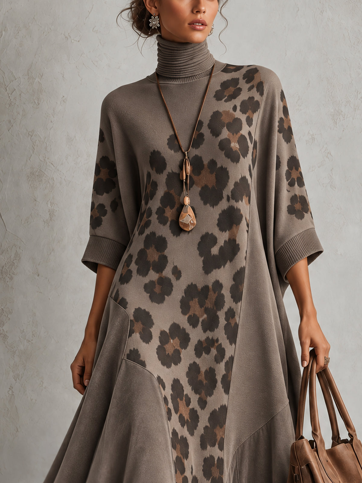 Taupe Oversized Faux Suede Leopard Print Patchwork Turtleneck Maxi Dress
