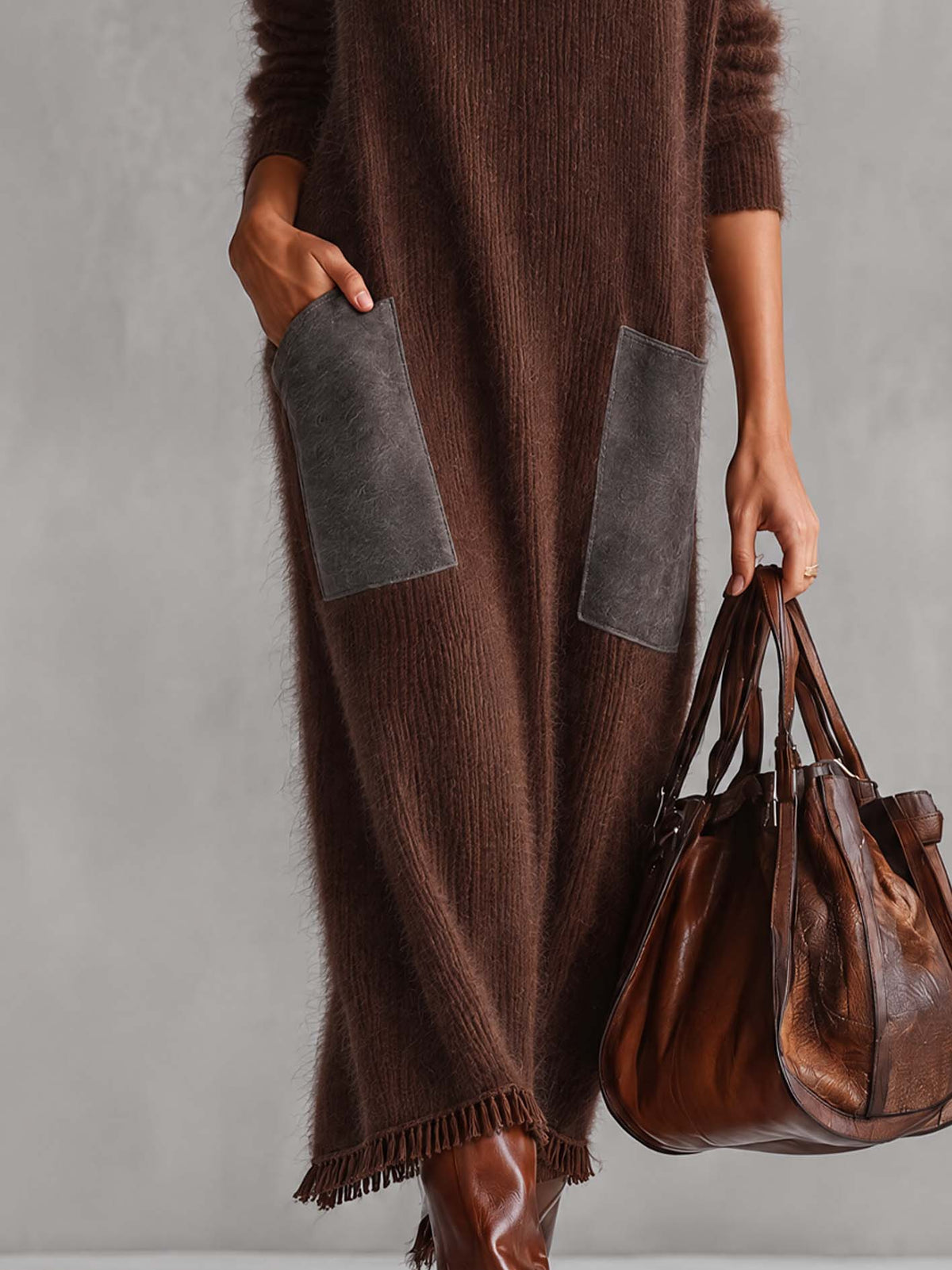 Chocolate Brown Fuzzy Mohair Knit Maxi Dress With Contrast Suede Pockets And Fringe Hem