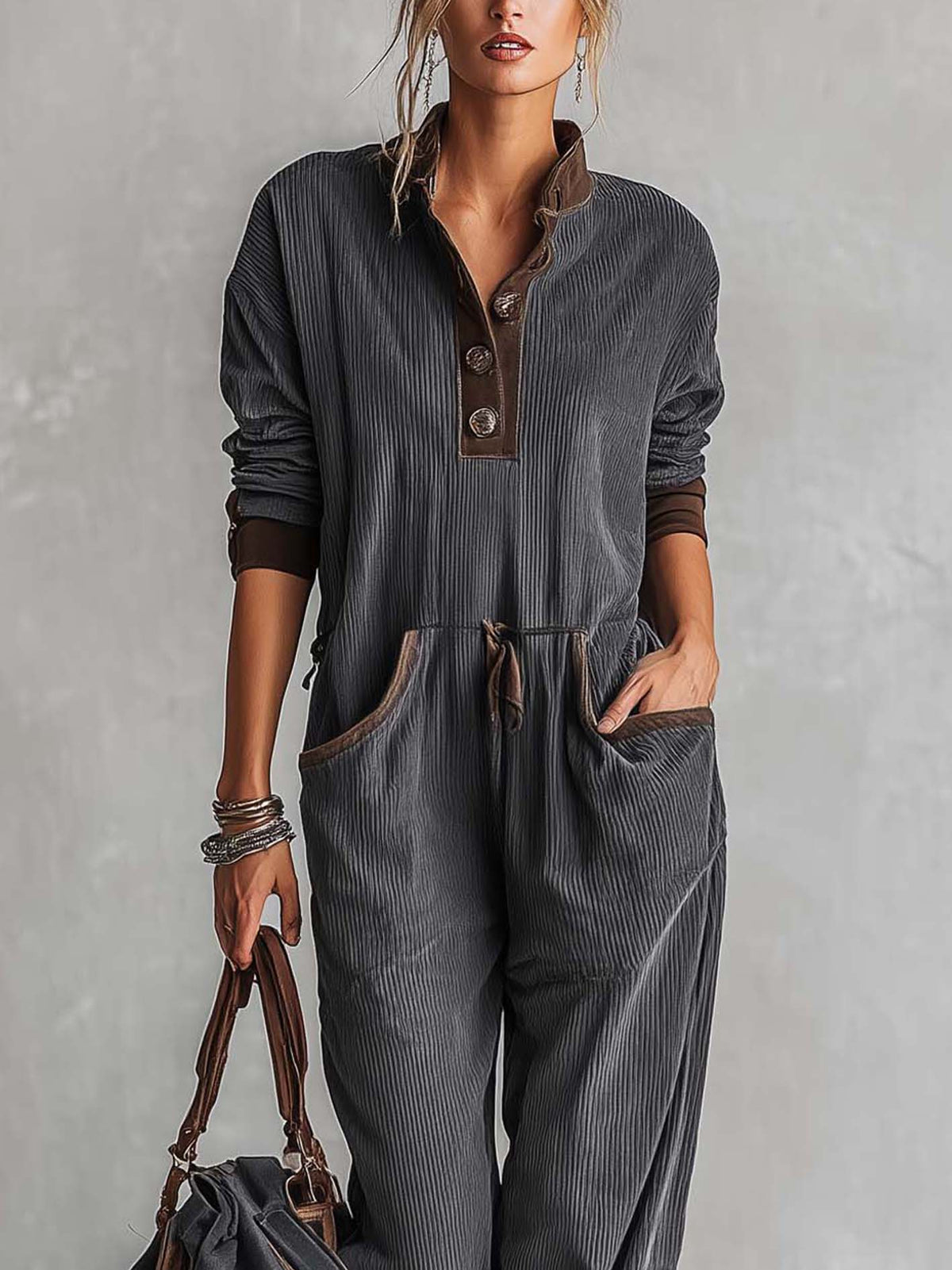 Washed Charcoal Corduroy Long-Sleeve Jumpsuit With Suede-Trim Henley Placket