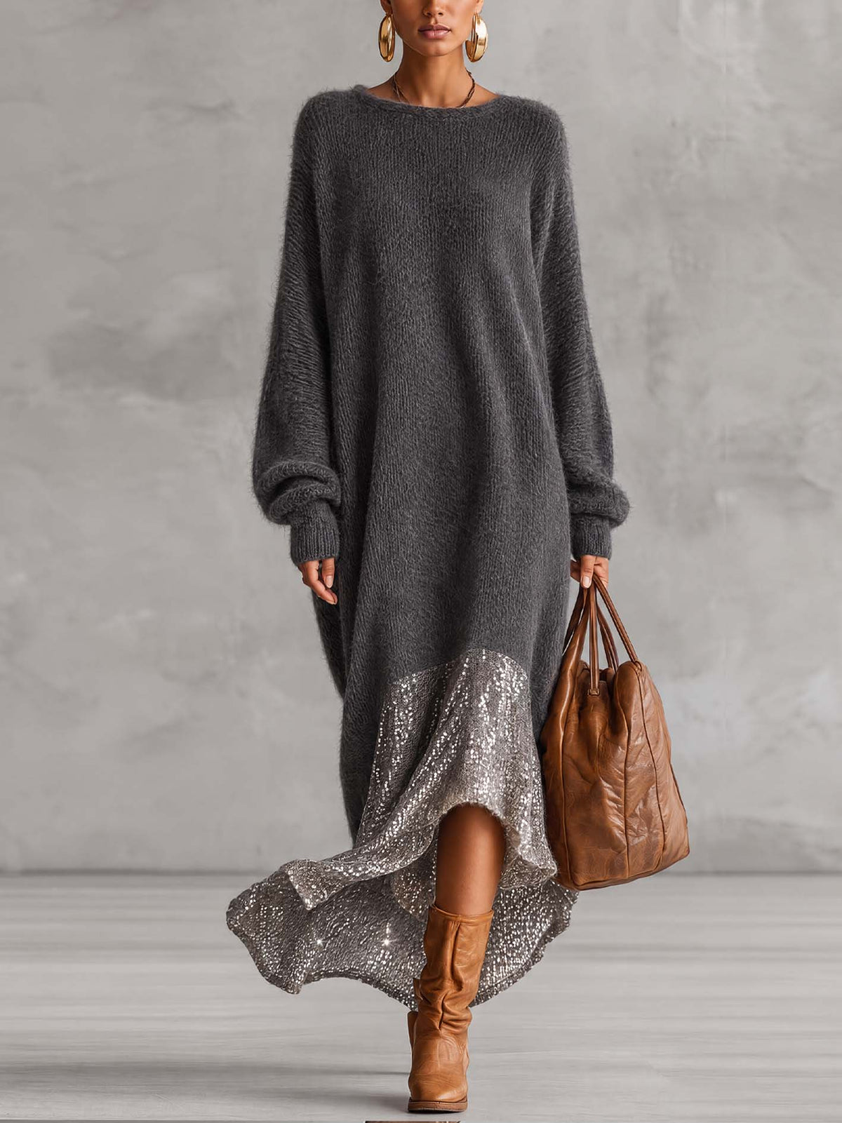 Charcoal Gray Fuzzy Mohair Knit Maxi Dress With Silver Sequin Patchwork Skirt