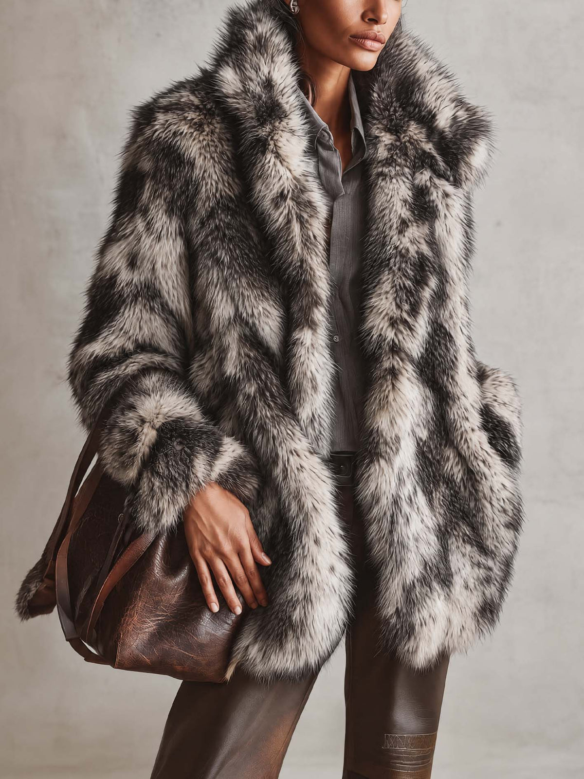 Black And White Faux Fox Fur Jacket With Oversized Shawl Collar