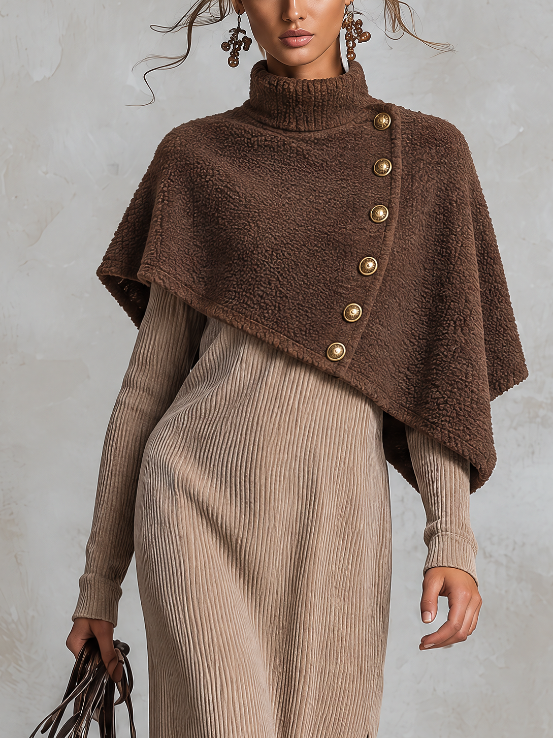Brown Sherpa Cape Overlay Beige Corduroy Slit Maxi Dress
