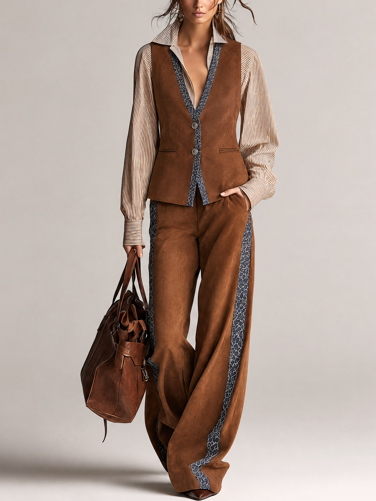 Brown Suede Vest And Wide Leg Pants Set With Contrast Printed Tape Trim