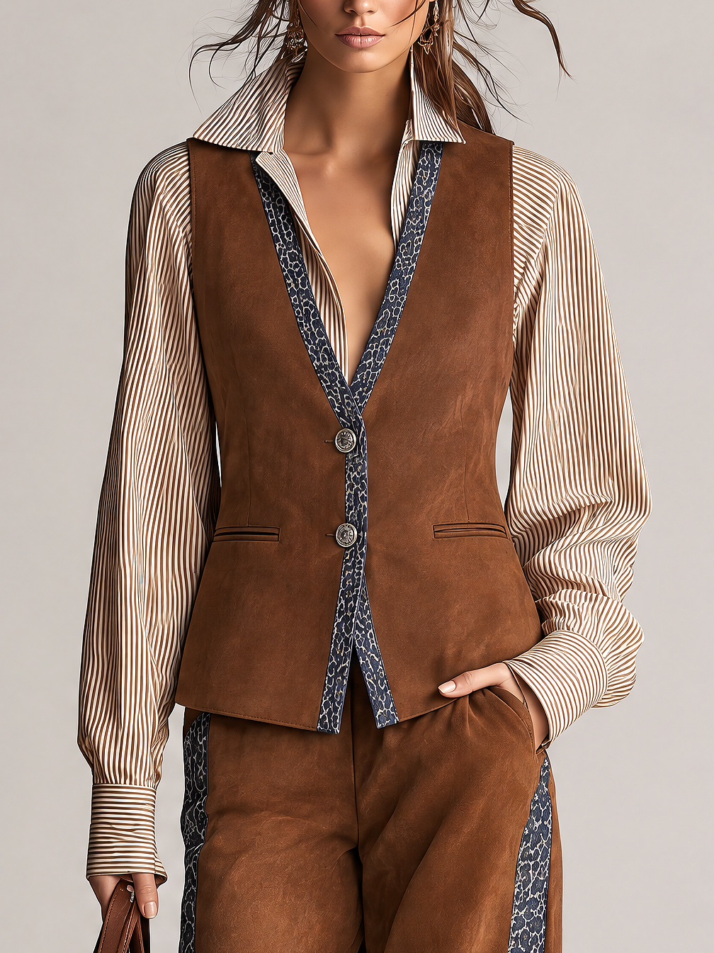 Brown Suede Vest And Wide Leg Pants Set With Contrast Printed Tape Trim