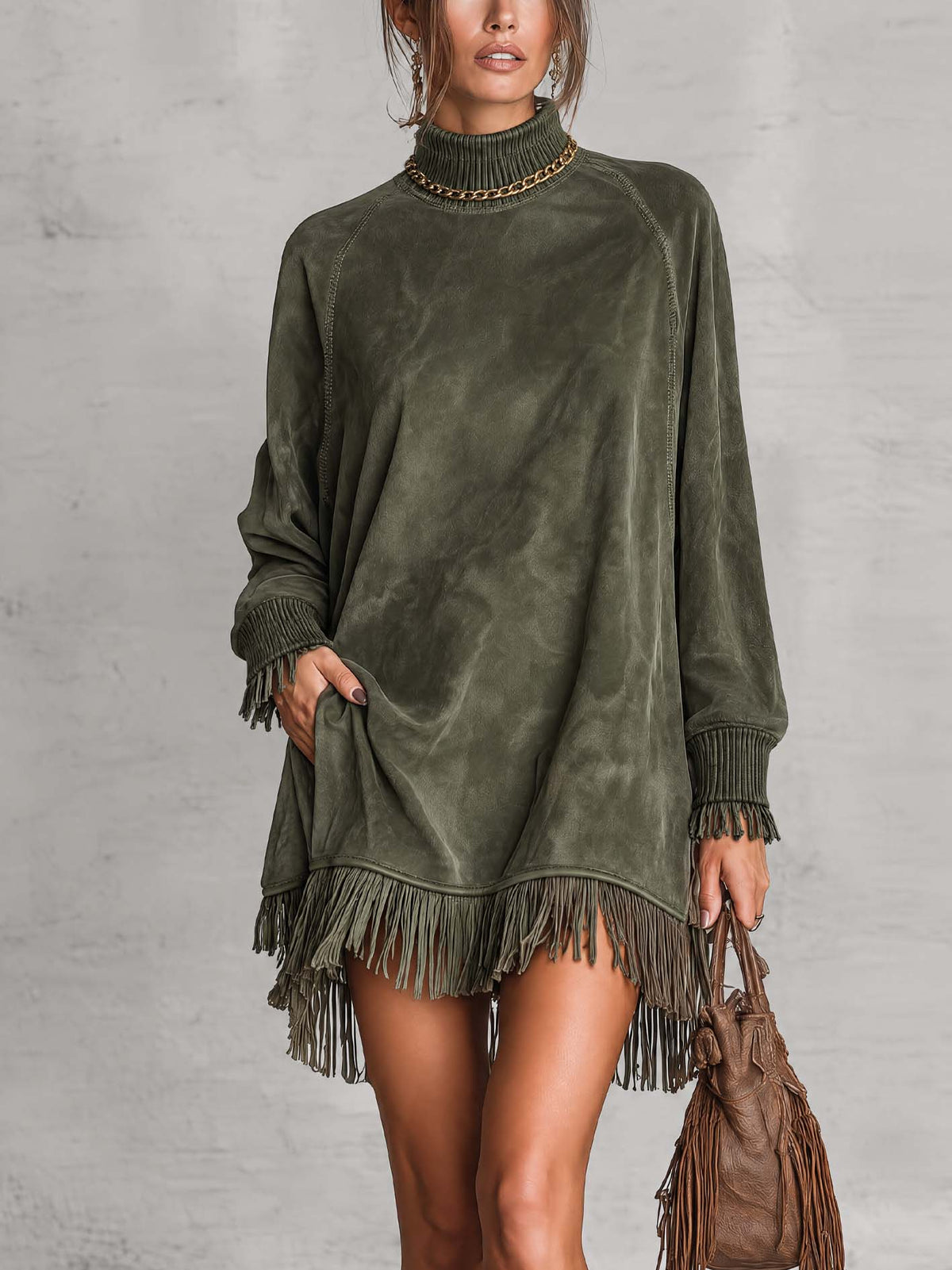 Olive Green Distressed Faux Suede Mini Dress With Fringe Trim And Turtleneck