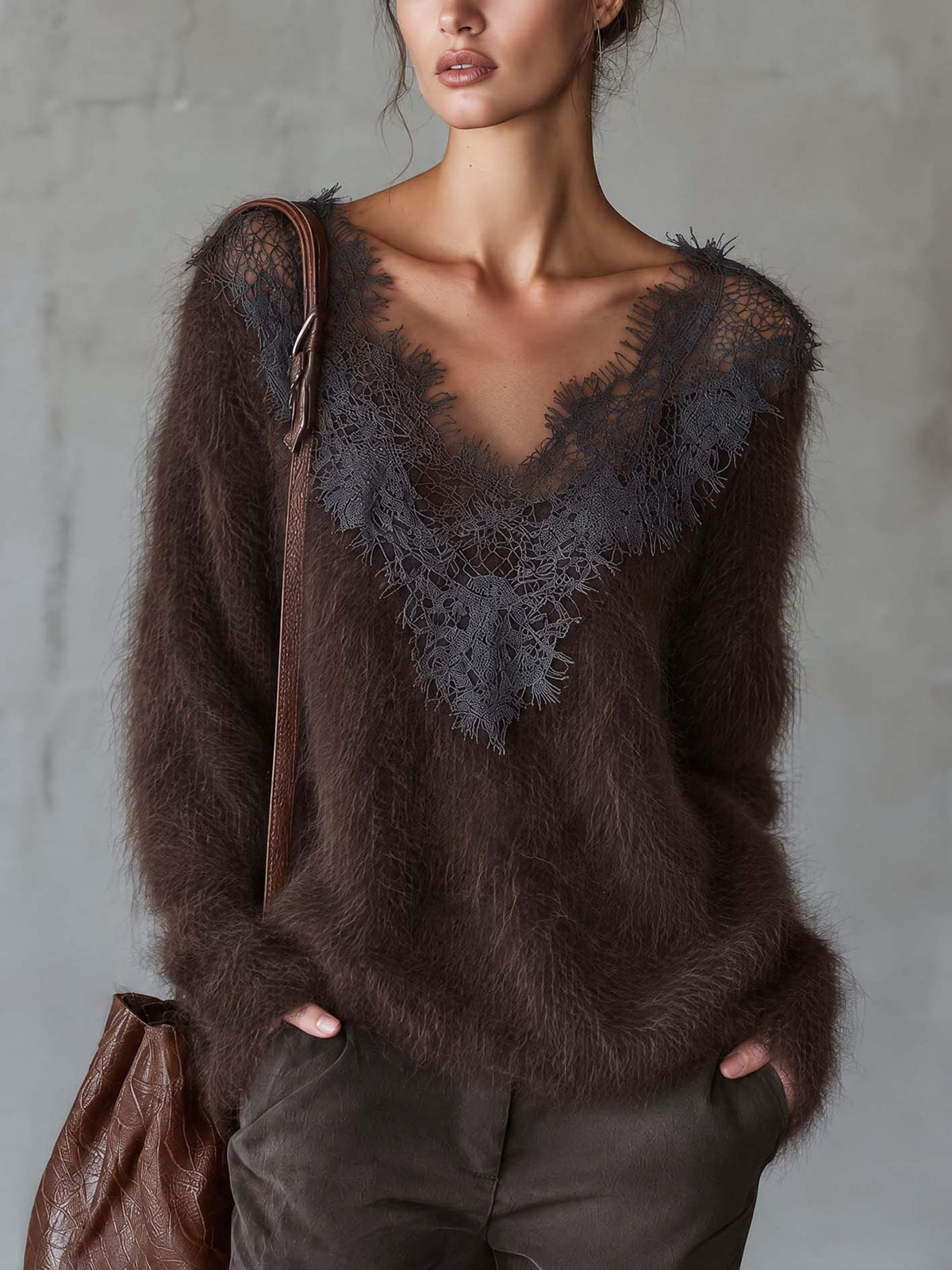 Dark Chocolate Mohair Sweater With Sheer Gray Lace V-Neck Trim