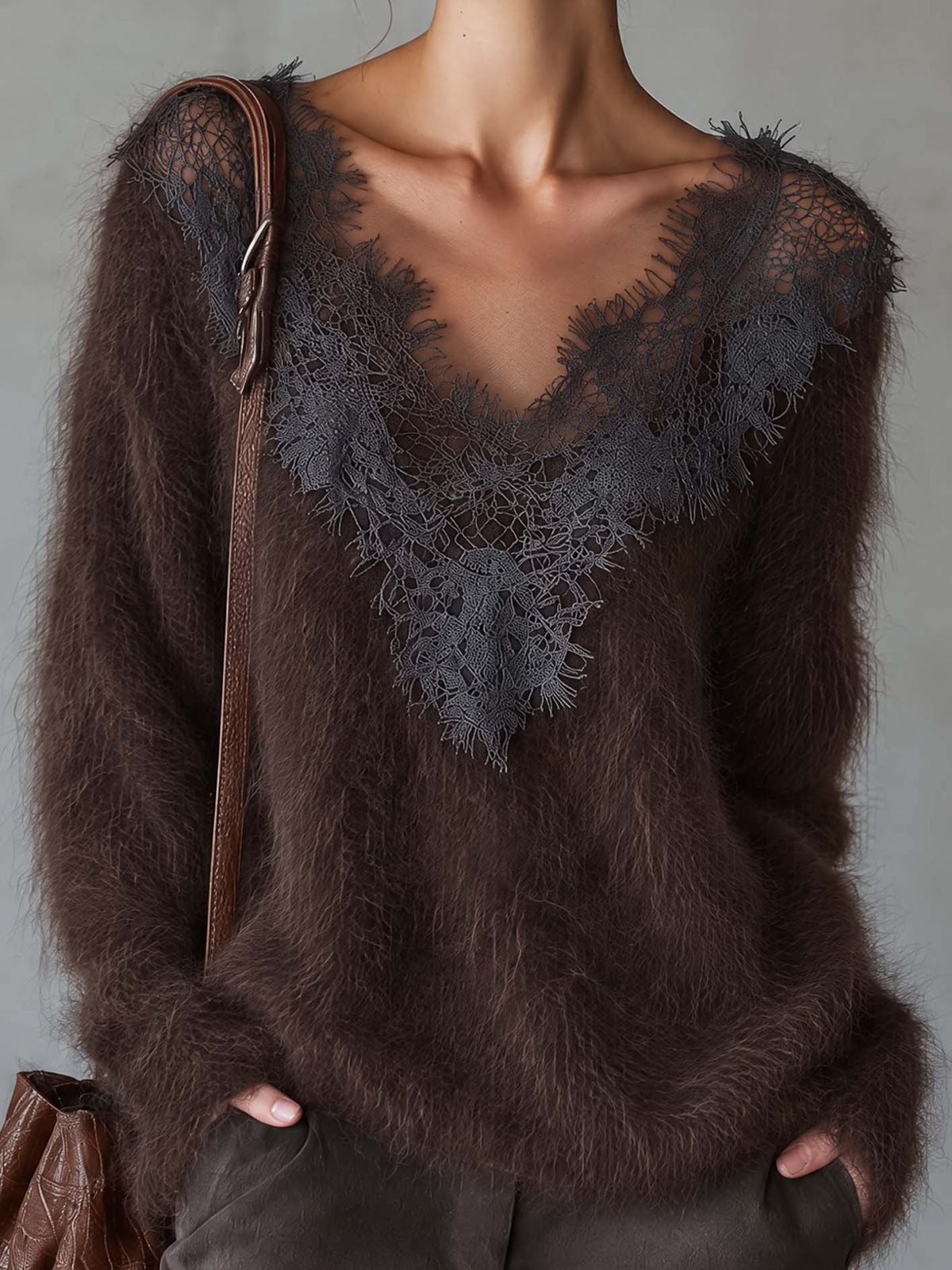 Dark Chocolate Mohair Sweater With Sheer Gray Lace V-Neck Trim