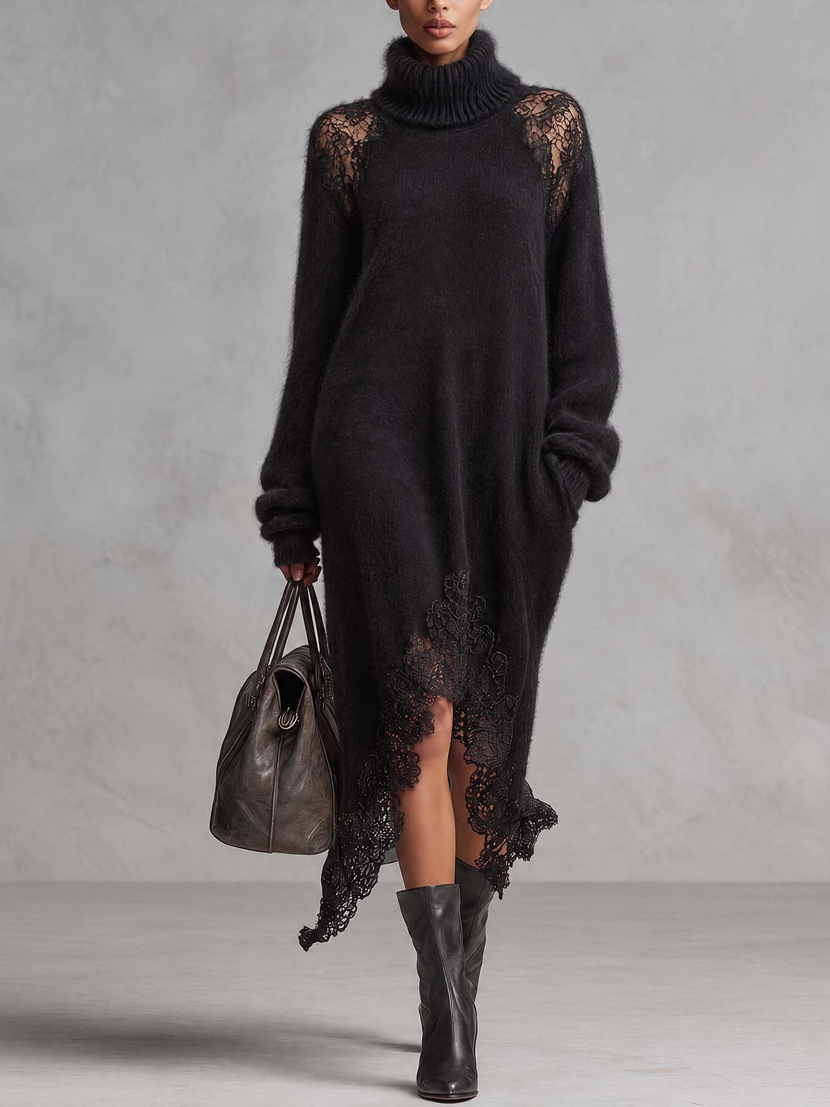 Black Mohair Knit Midi Dress With Sheer Lace Patchwork Shoulders And Hem