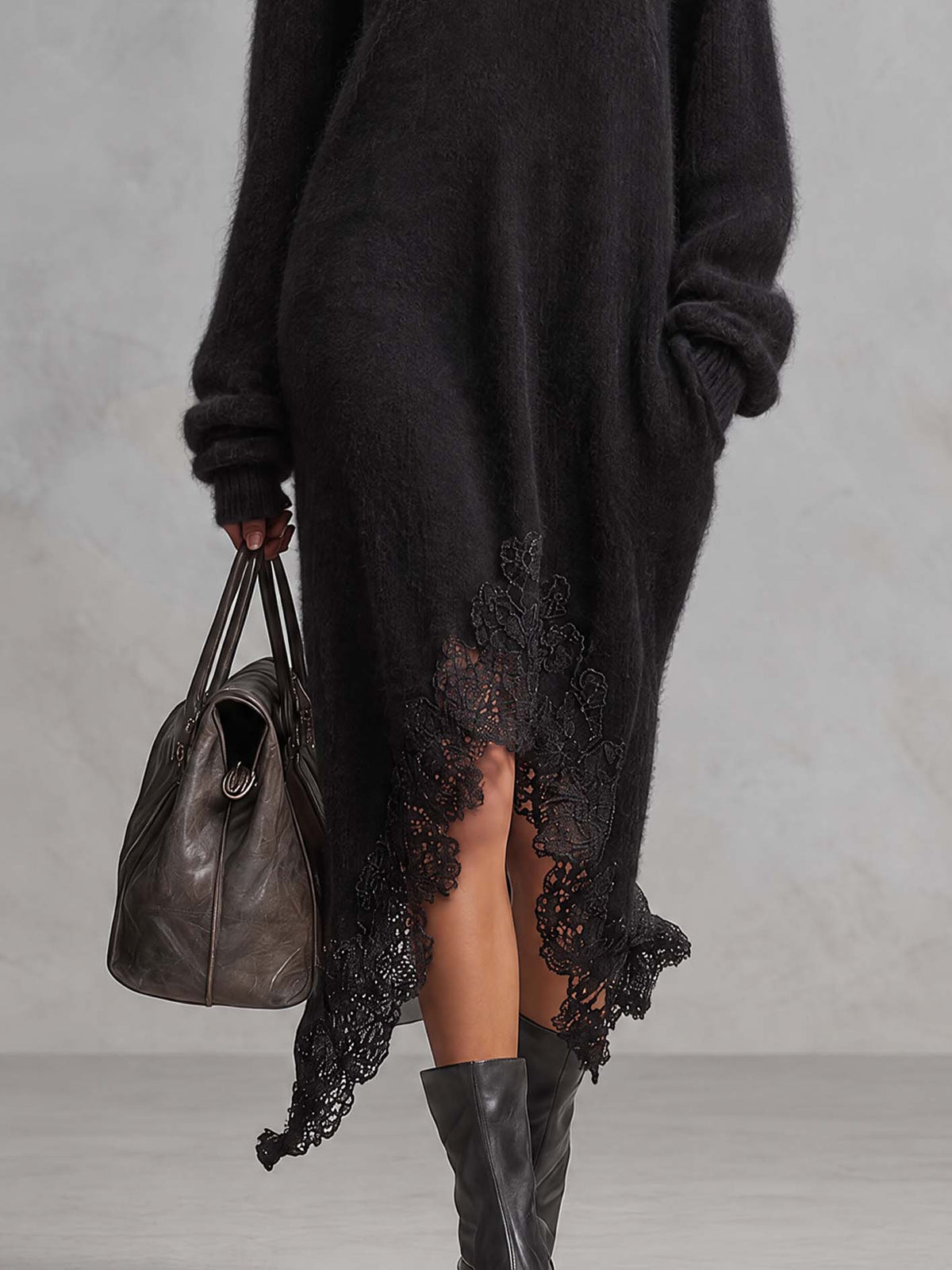 Black Mohair Knit Midi Dress With Sheer Lace Patchwork Shoulders And Hem