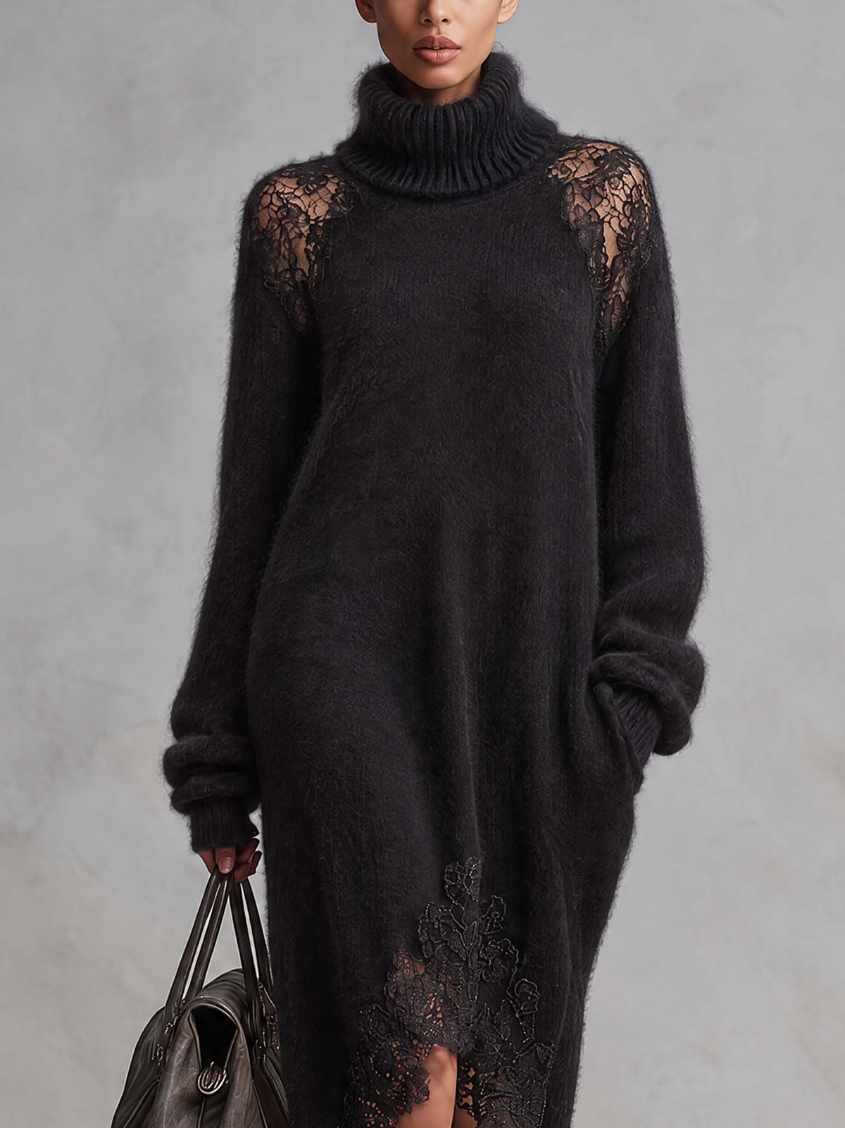 Black Mohair Knit Midi Dress With Sheer Lace Patchwork Shoulders And Hem