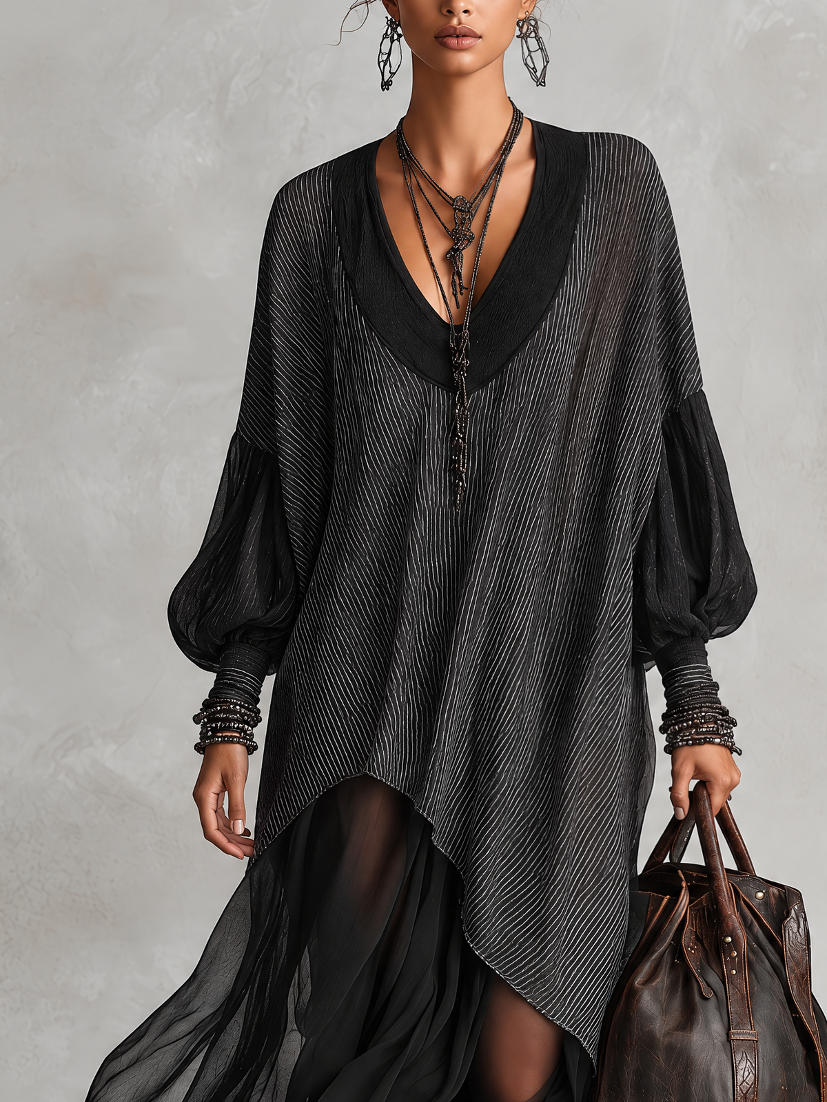 Black Striped Woven And Sheer Tulle V-Neck Maxi Dress