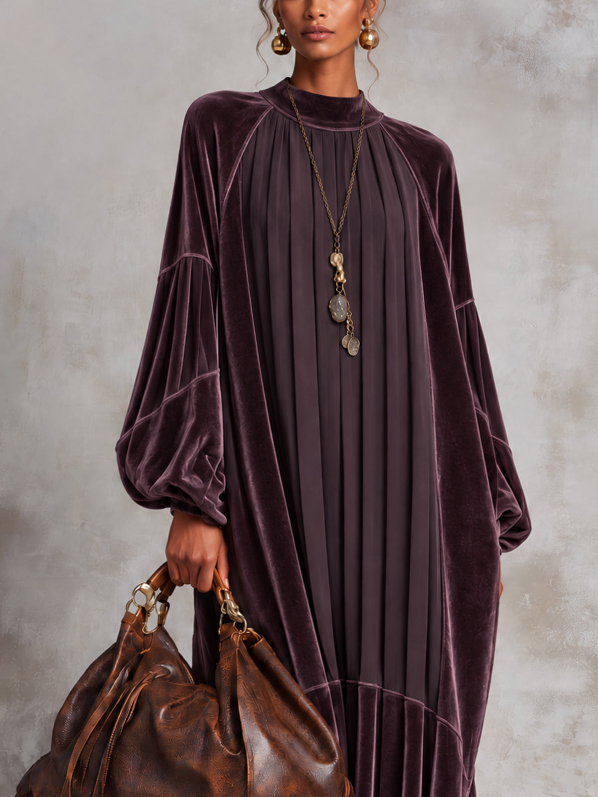 Purple Oversized Velvet Patchwork Pleated Chiffon High Low Midi Dress