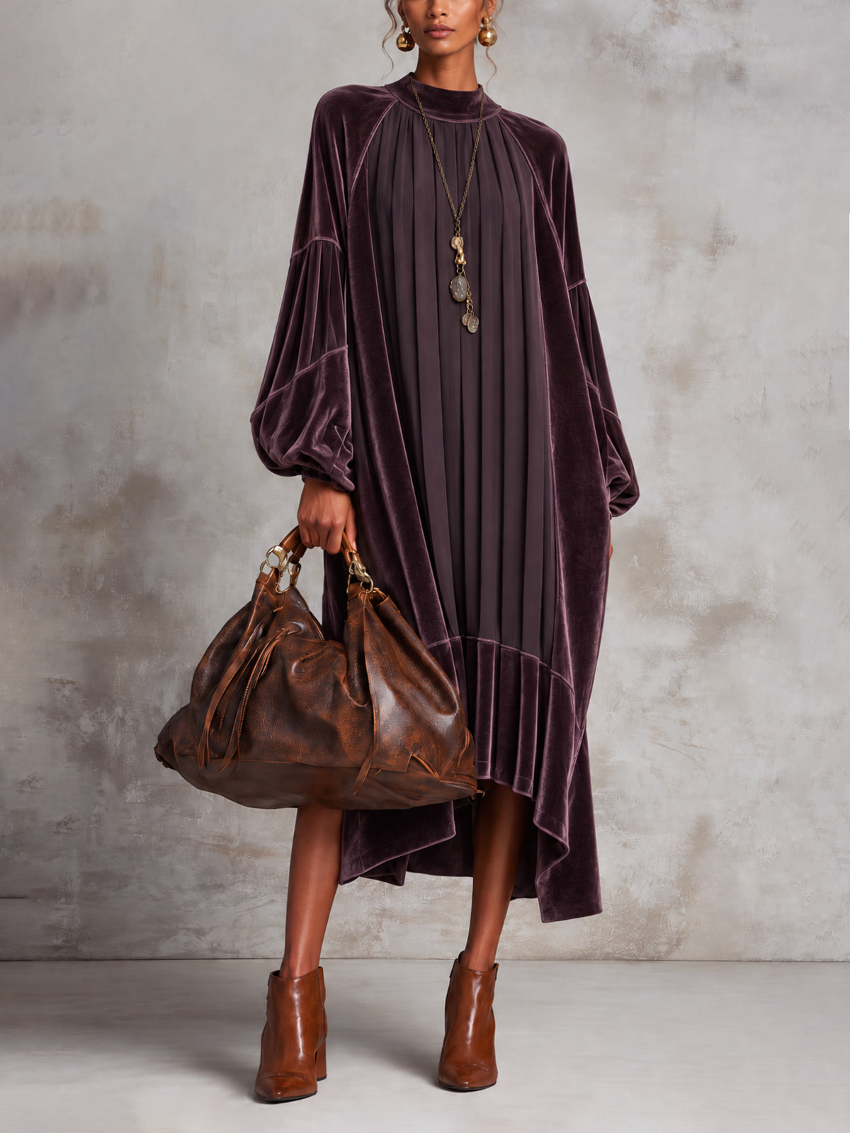 Purple Oversized Velvet Patchwork Pleated Chiffon High Low Midi Dress