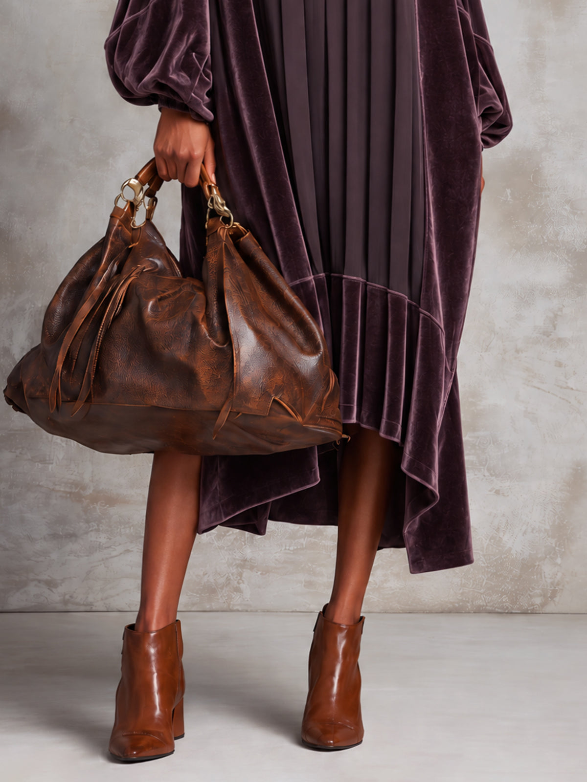 Purple Oversized Velvet Patchwork Pleated Chiffon High Low Midi Dress