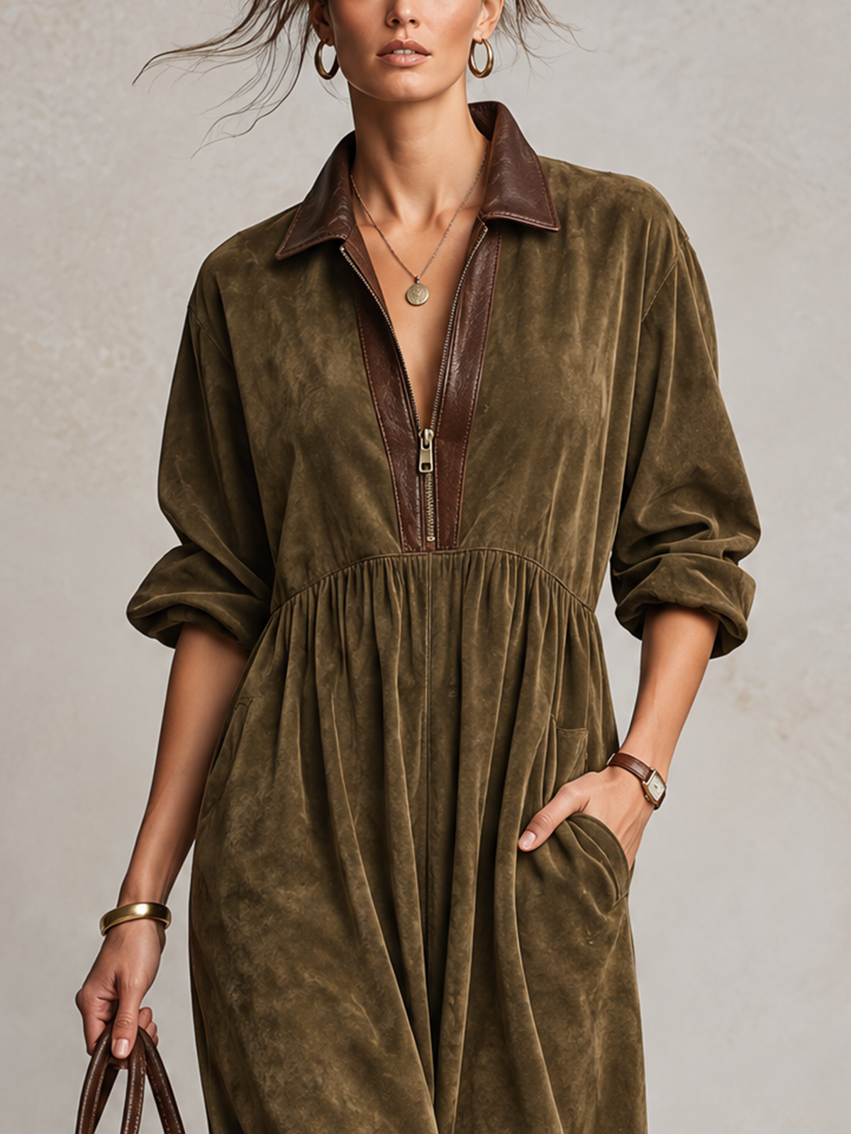 Olive Suede Contrast Leather Collar Zip Midi Dress