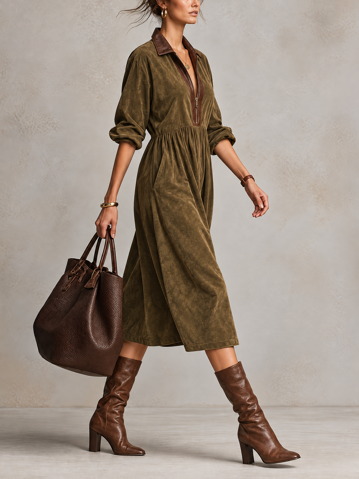 Olive Suede Contrast Leather Collar Zip Midi Dress
