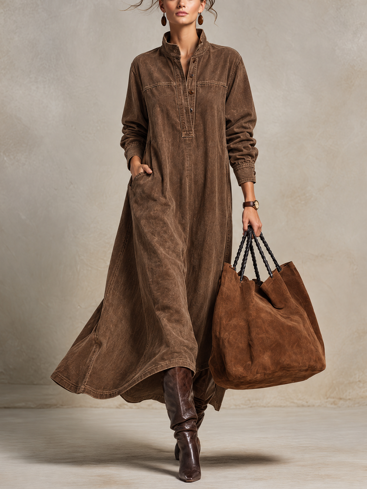 Brown Washed Cotton Stand Collar Long Sleeve Maxi Dress
