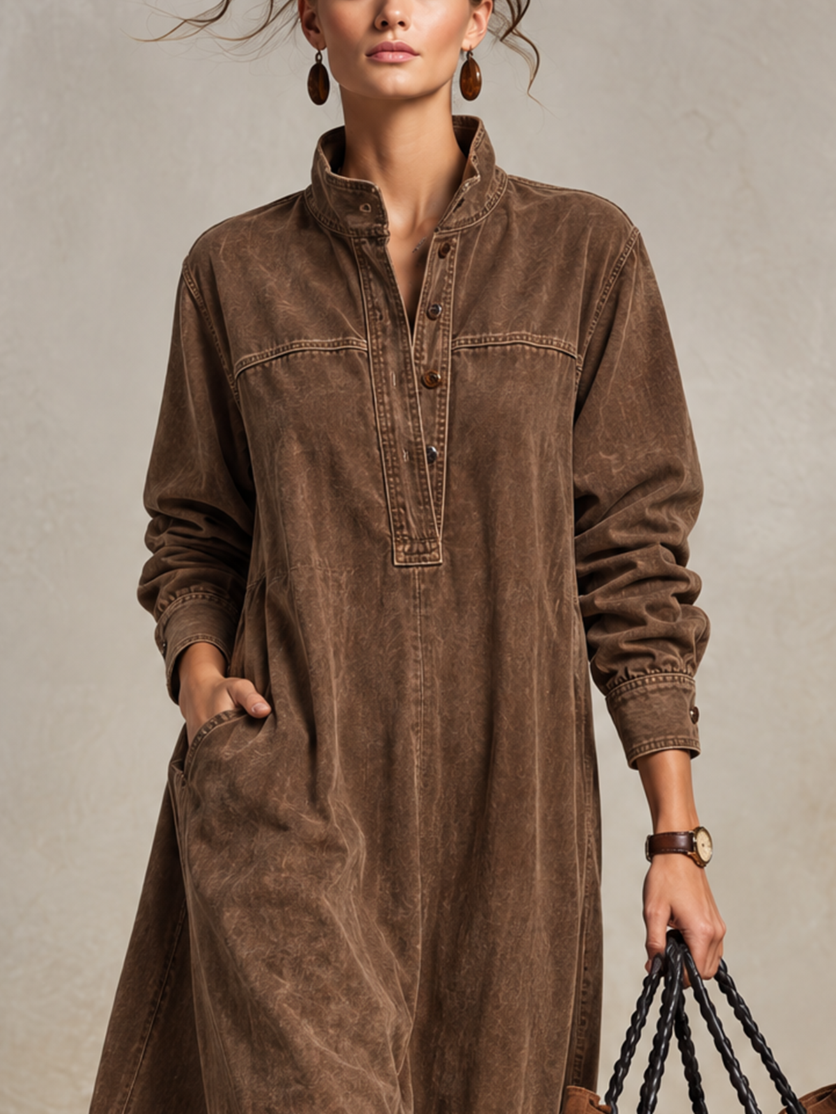 Brown Washed Cotton Stand Collar Long Sleeve Maxi Dress