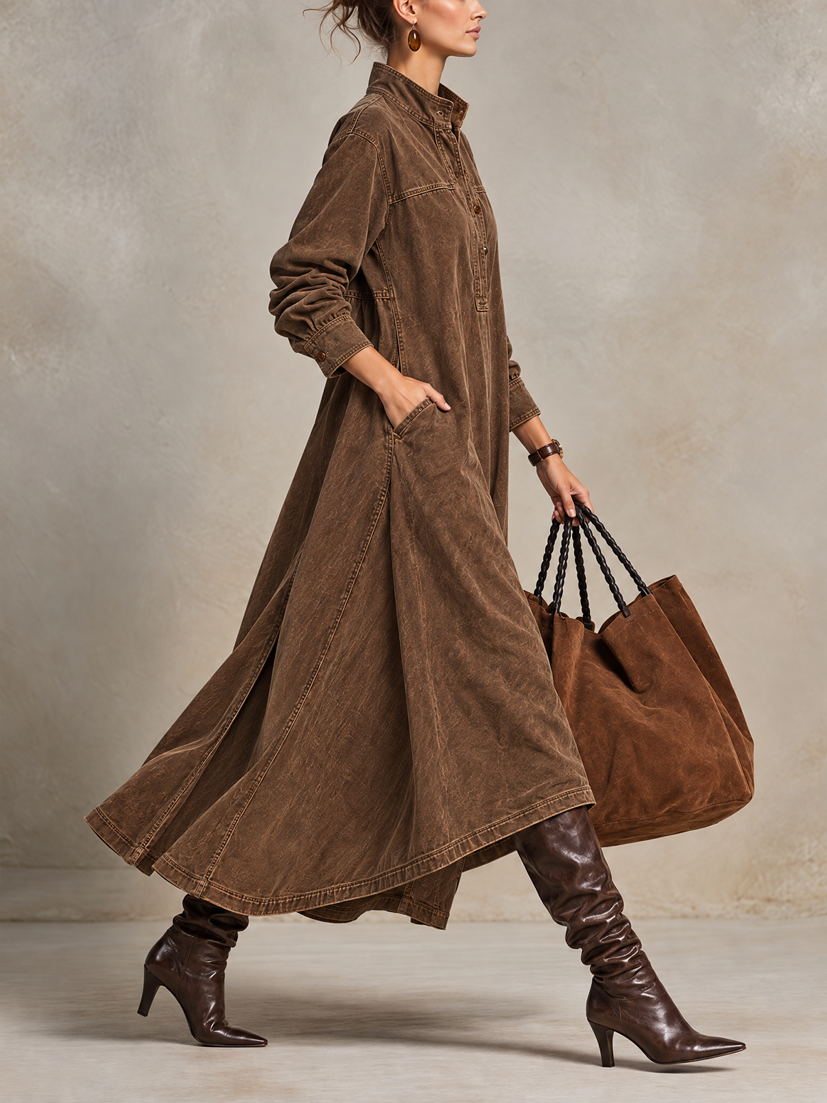 Brown Washed Cotton Stand Collar Long Sleeve Maxi Dress