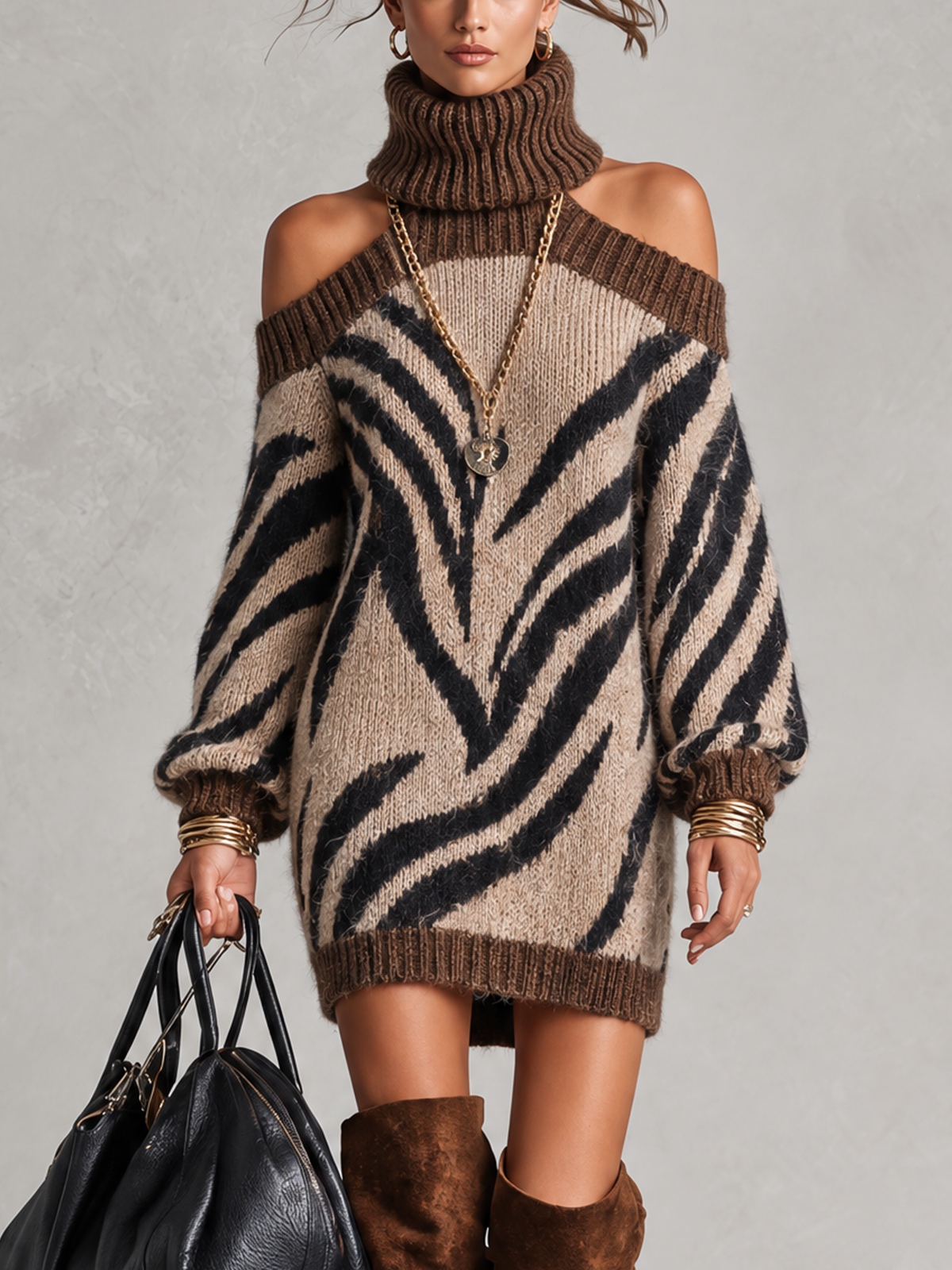 Zebra Stripe Mohair Turtleneck Cold Shoulder Sweater Mini Dress