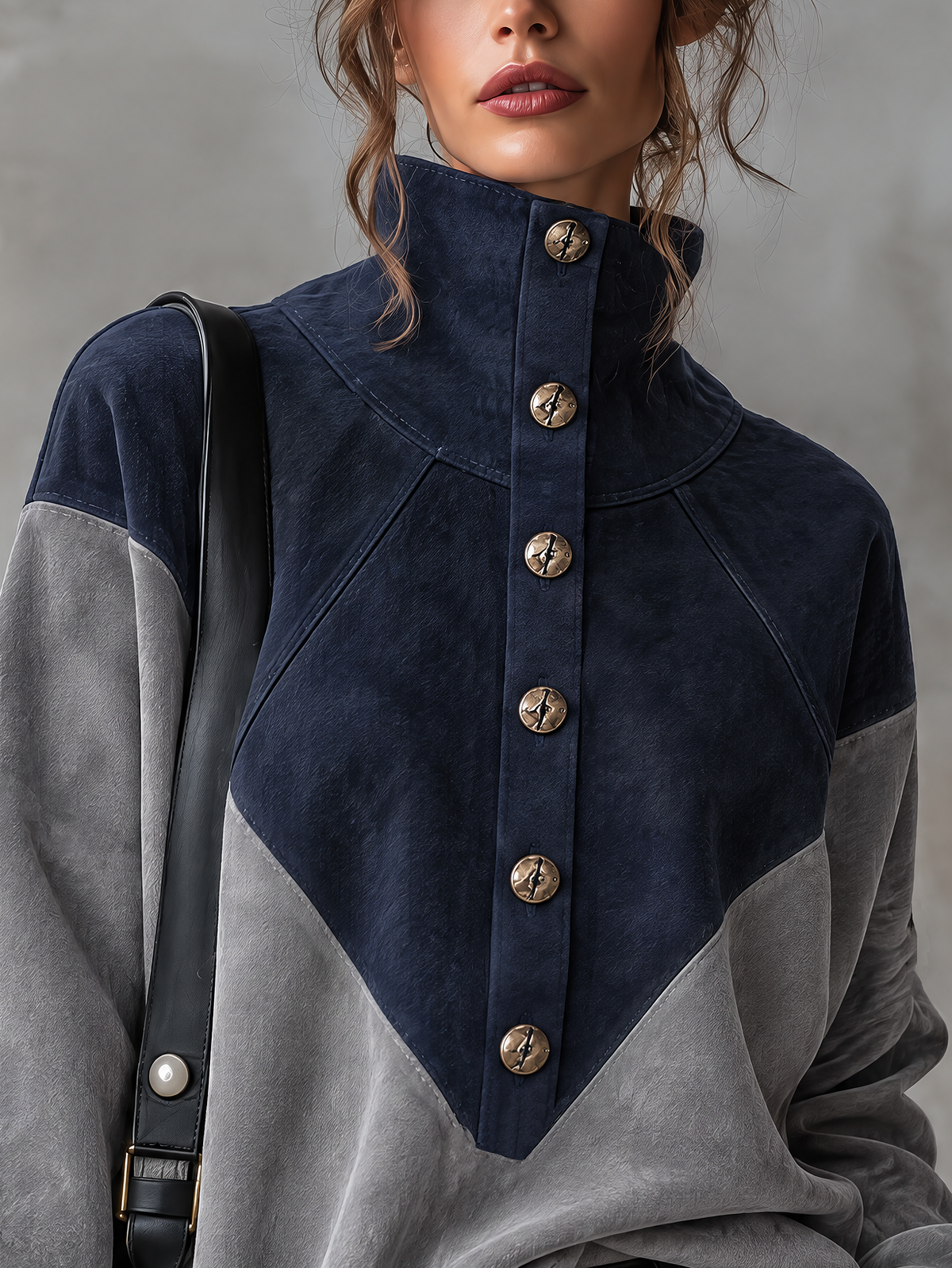 Navy And Grey Color Block Suede Stand Collar Blouse