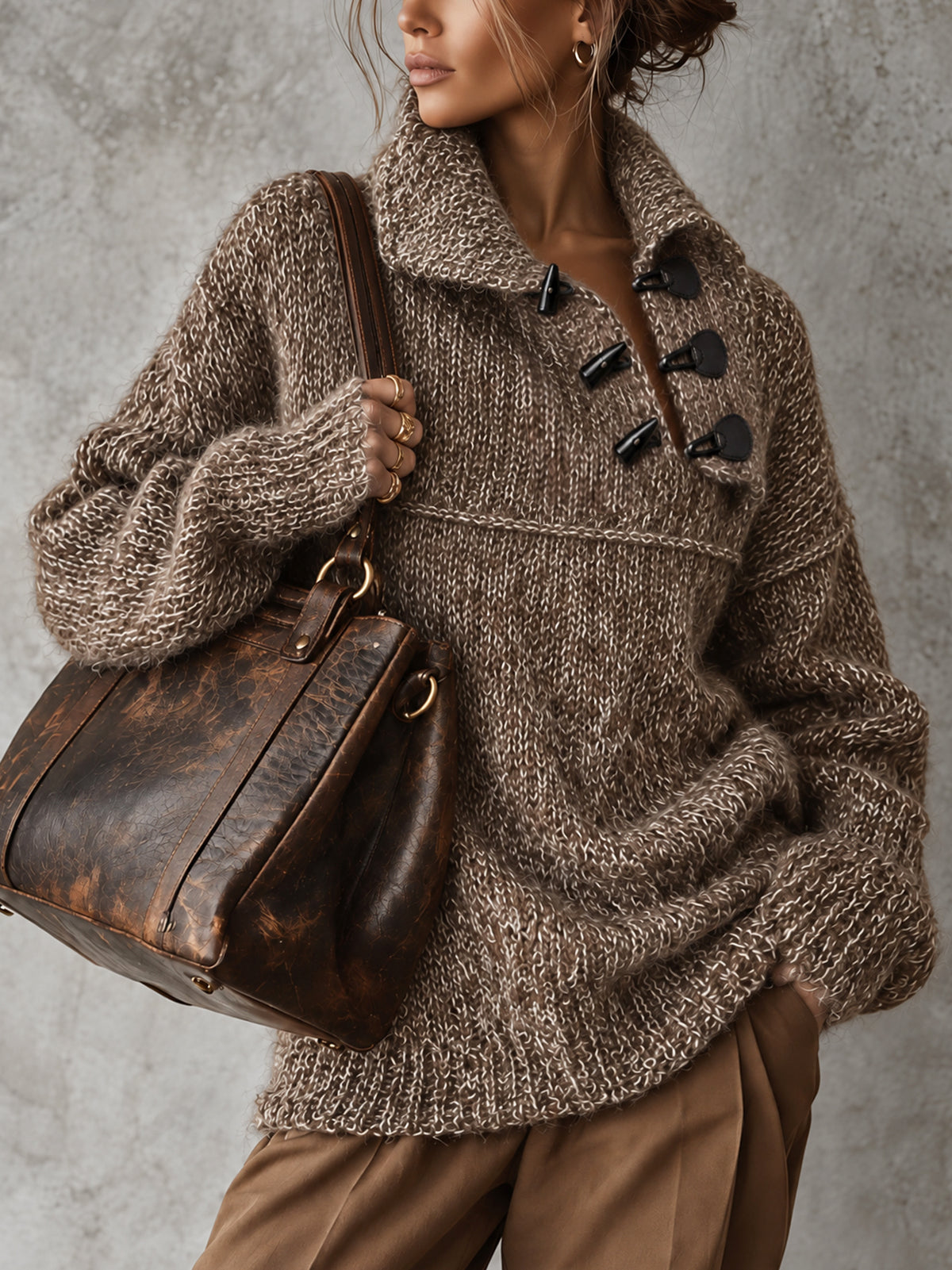 Brown Two Tone Oversized Chunky Knit Collared Sweater