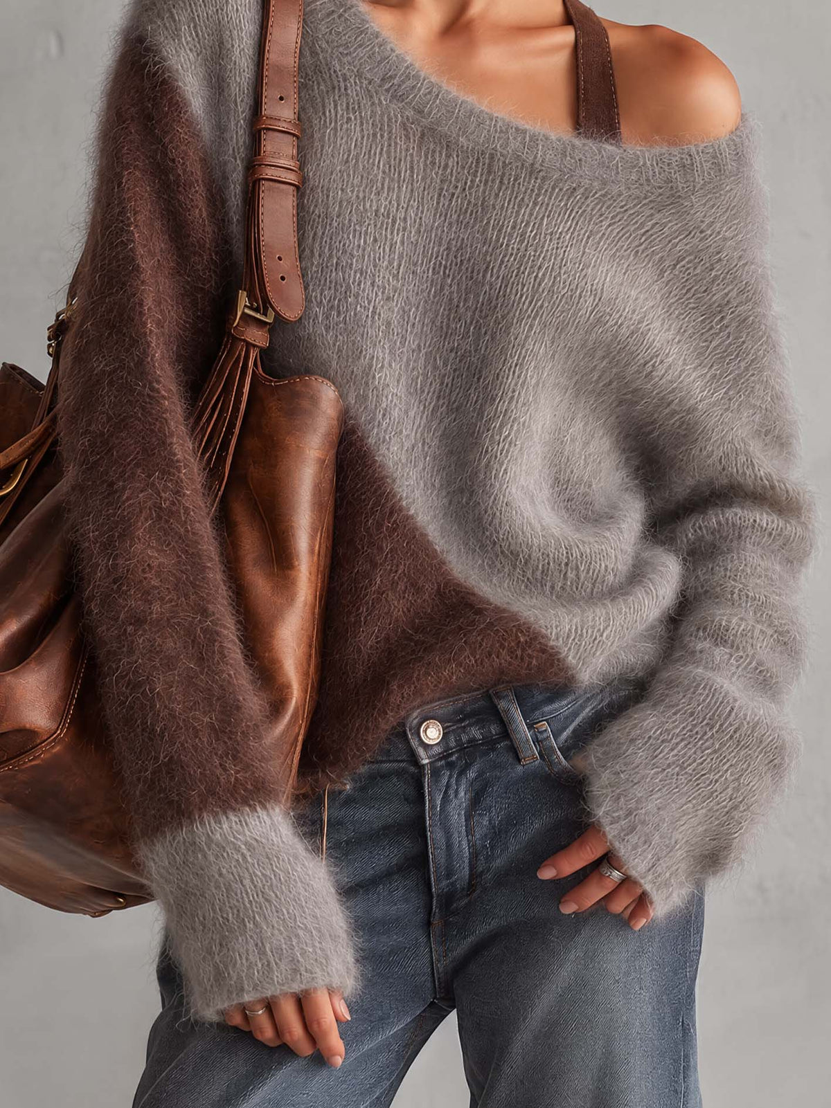 Gray And Chocolate Fuzzy Mohair Sweater With Asymmetric Off-Shoulder Neckline