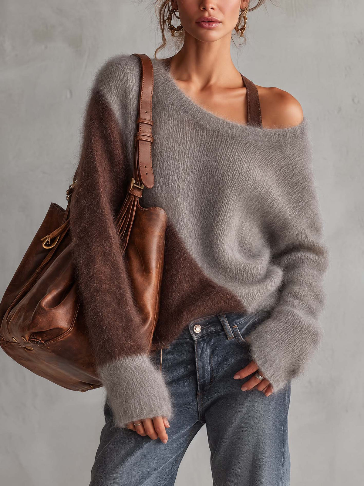 Gray And Chocolate Fuzzy Mohair Sweater With Asymmetric Off-Shoulder Neckline