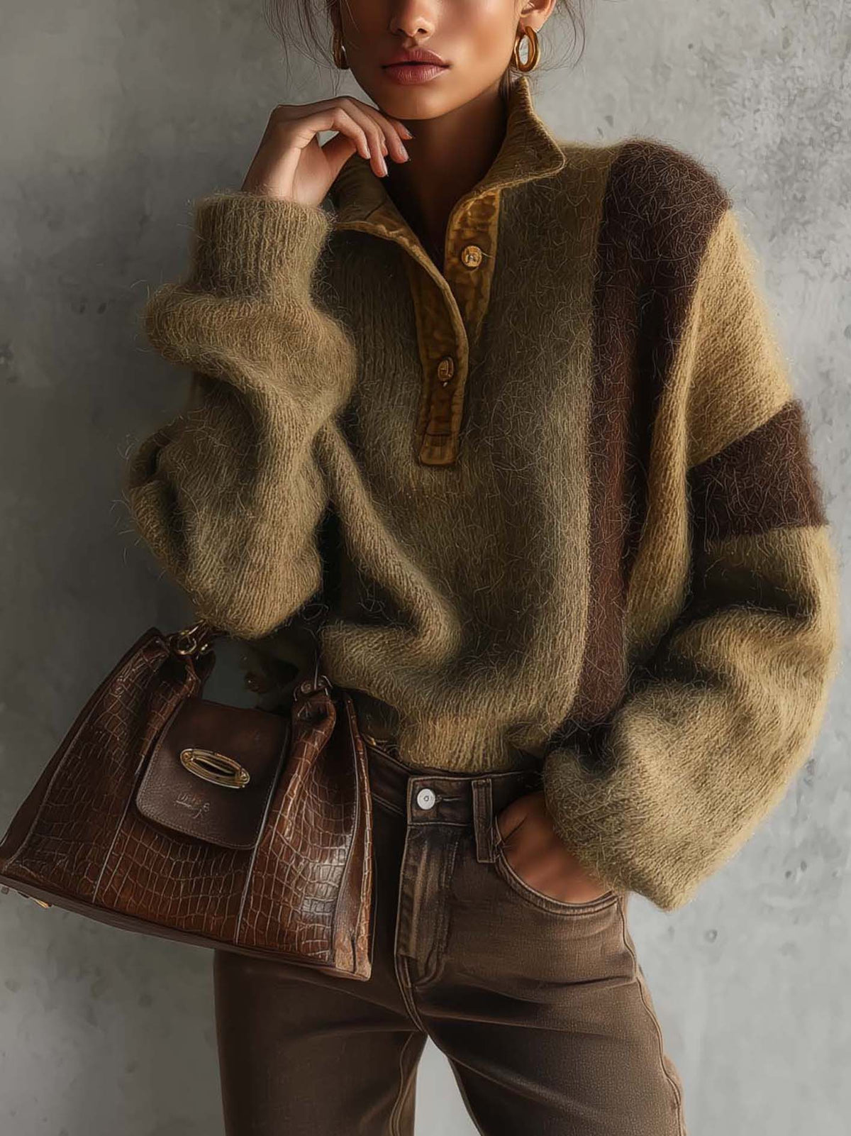 Olive Khaki And Chocolate Brown Color Block Fuzzy Mohair Half-Button Sweater