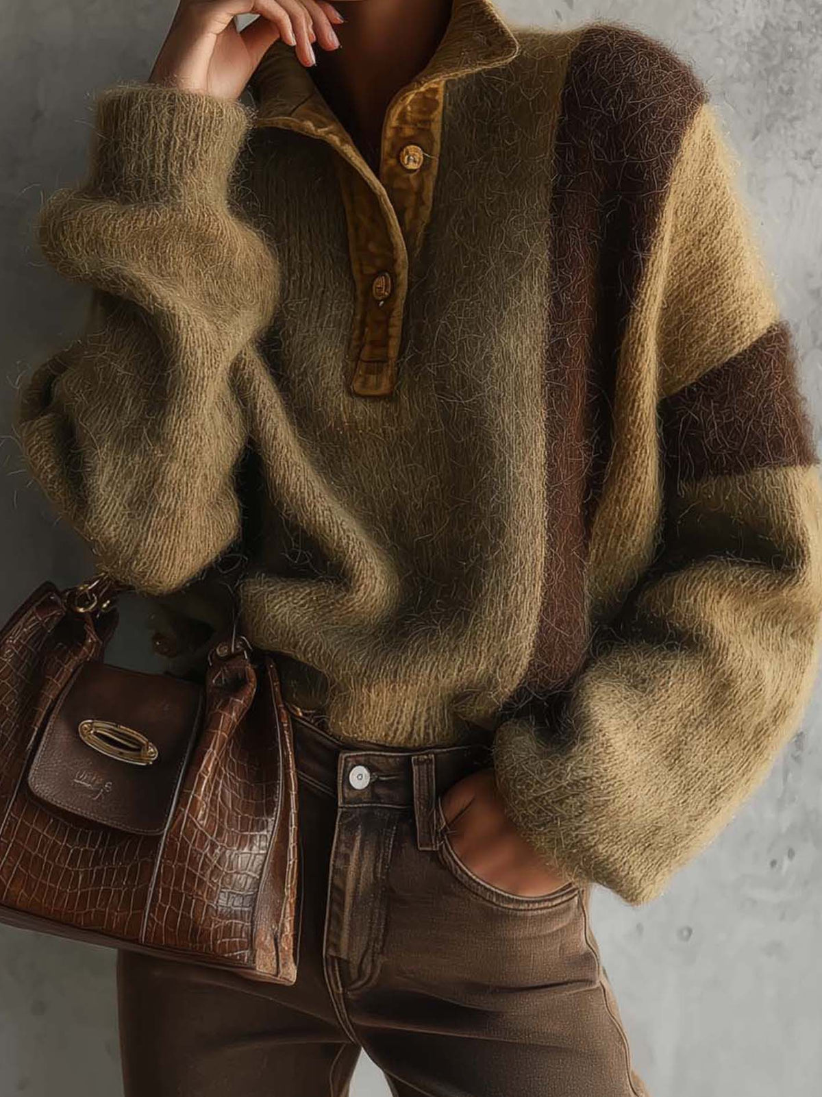 Olive Khaki And Chocolate Brown Color Block Fuzzy Mohair Half-Button Sweater