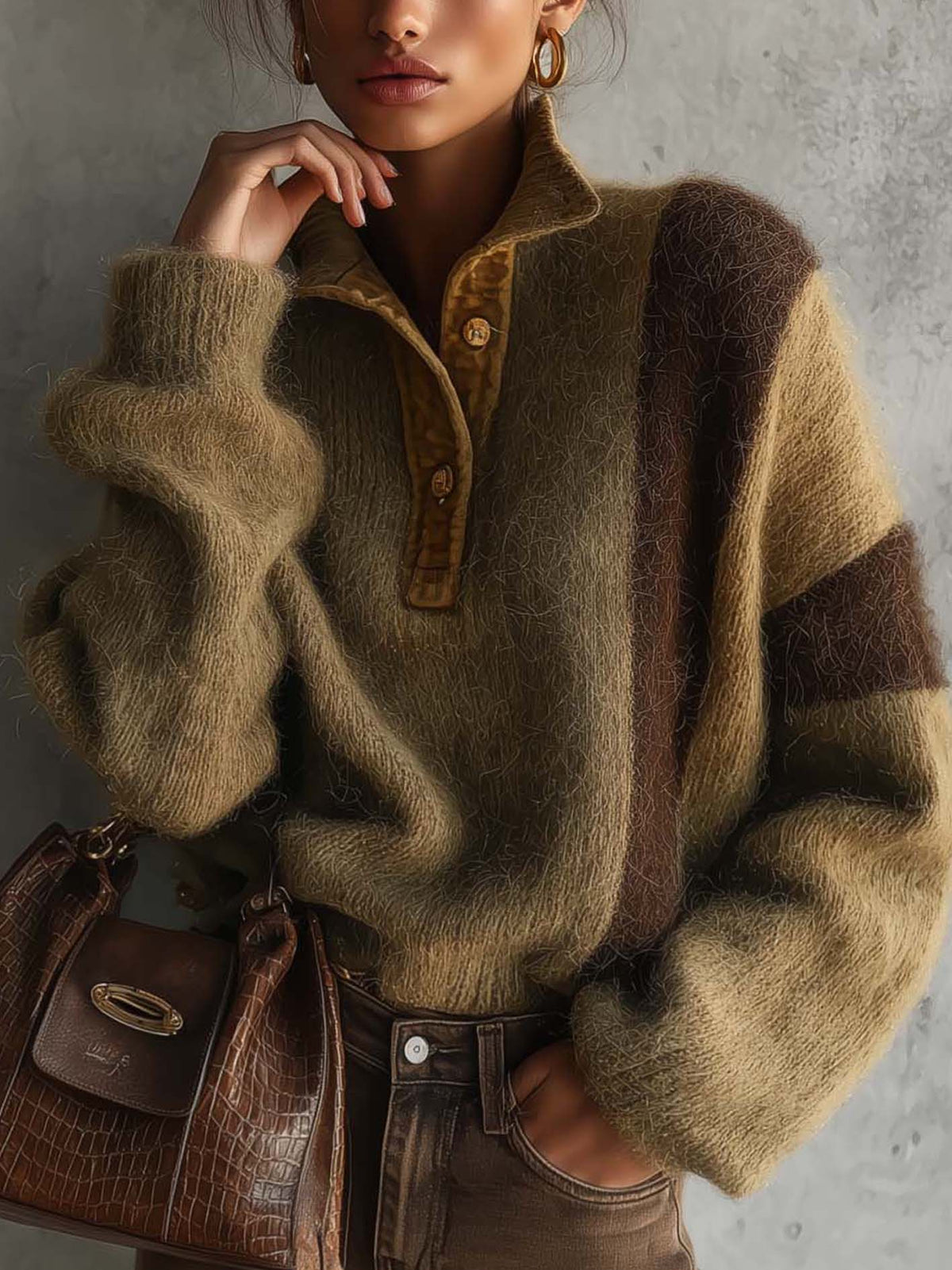 Olive Khaki And Chocolate Brown Color Block Fuzzy Mohair Half-Button Sweater