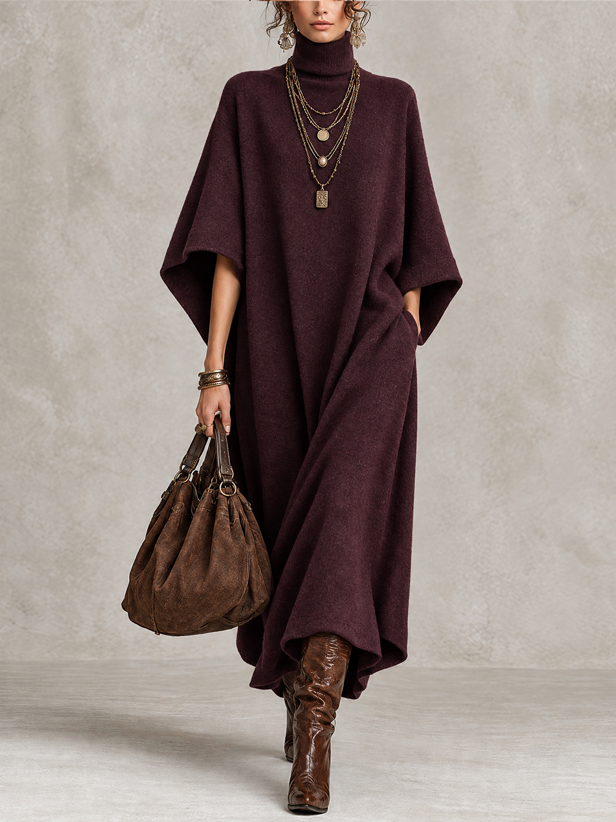 Plum Lightweight Wool Blend Turtleneck Batwing Maxi Dress
