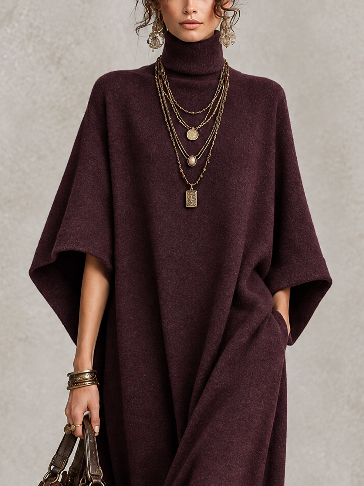 Plum Lightweight Wool Blend Turtleneck Batwing Maxi Dress