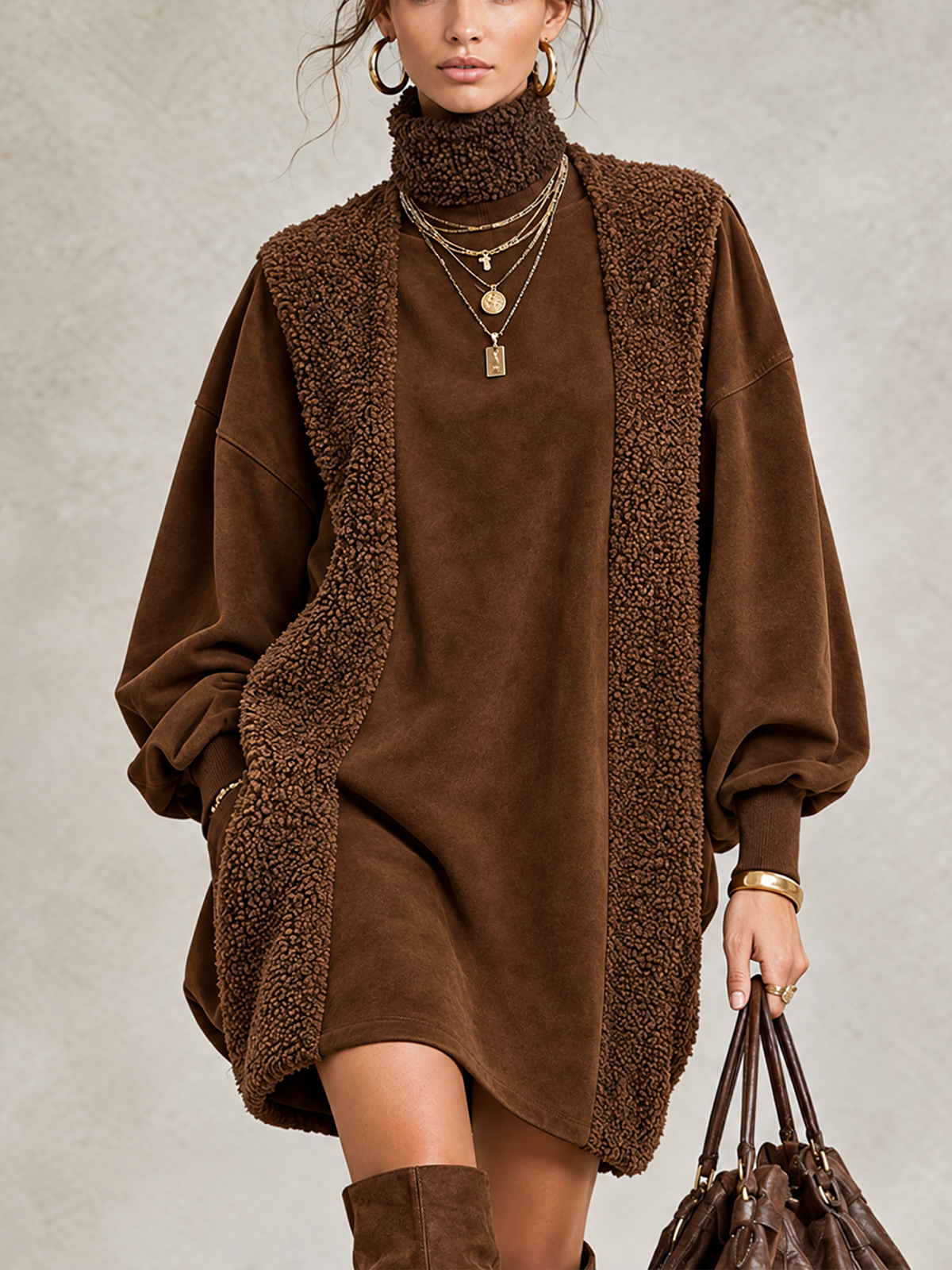 Brown Faux Suede And Shearling Panel Turtleneck Balloon Sleeve Mini Dress