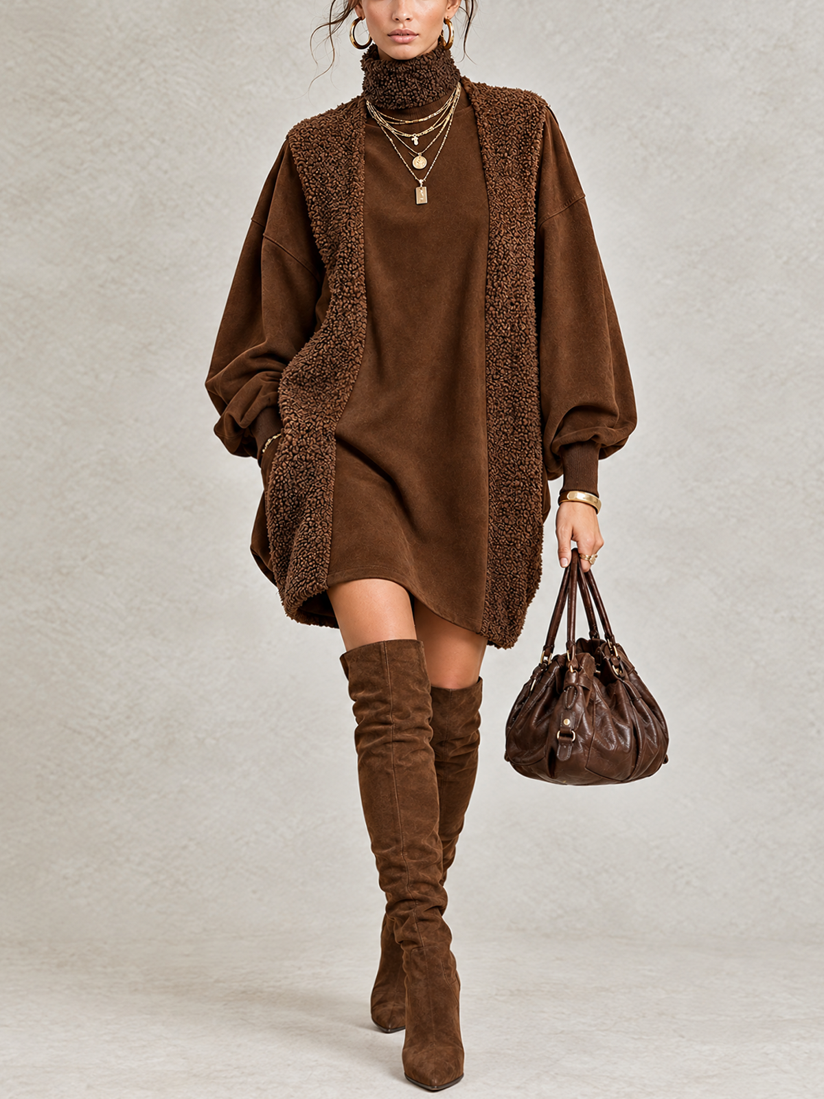 Brown Faux Suede And Shearling Panel Turtleneck Balloon Sleeve Mini Dress
