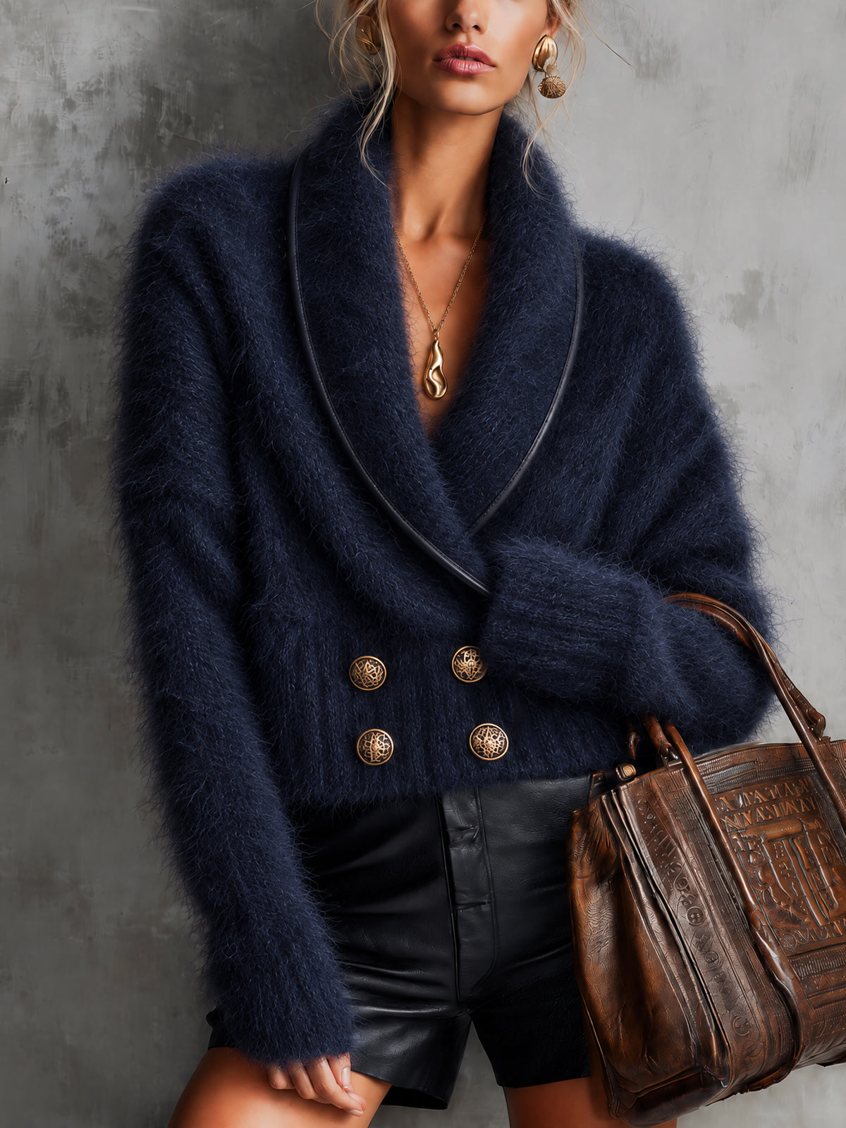 Navy Blue Fuzzy Mohair Knit Shawl Collar Double Breasted Cropped Sweater