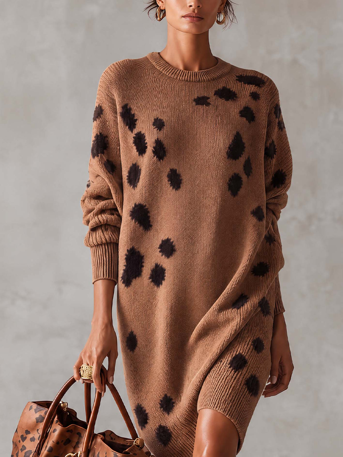 Camel Leopard Spot Textured Knit Midi Dress