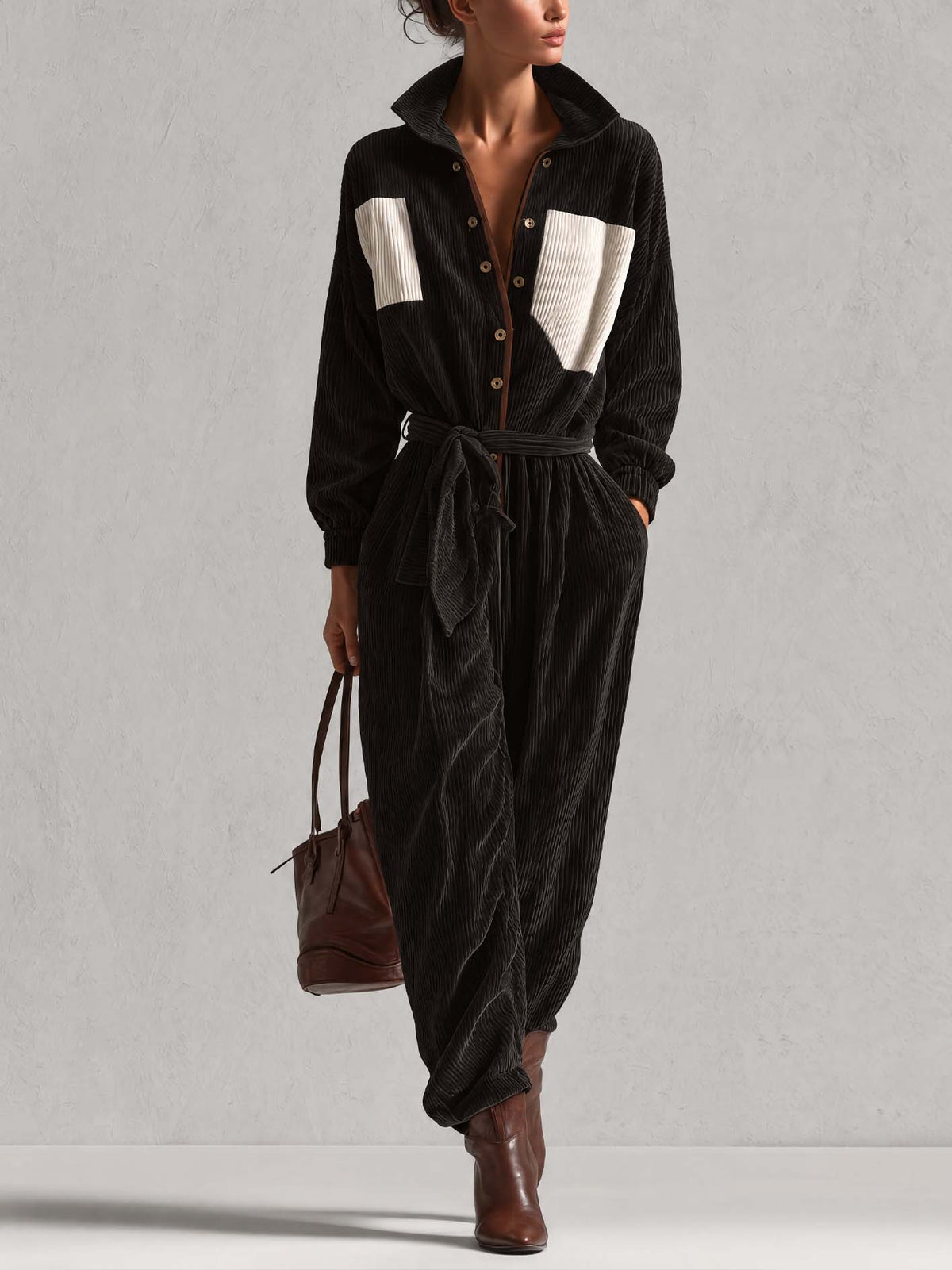 Black Corduroy Utility Jumpsuit With Contrast Ivory Chest Patches And Tie Belt