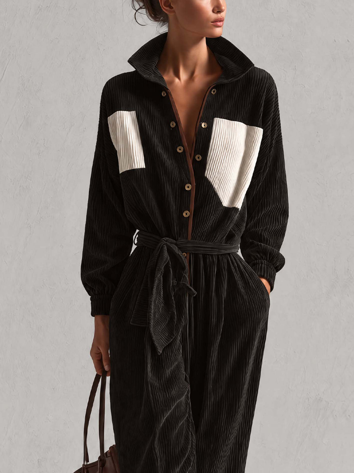 Black Corduroy Utility Jumpsuit With Contrast Ivory Chest Patches And Tie Belt