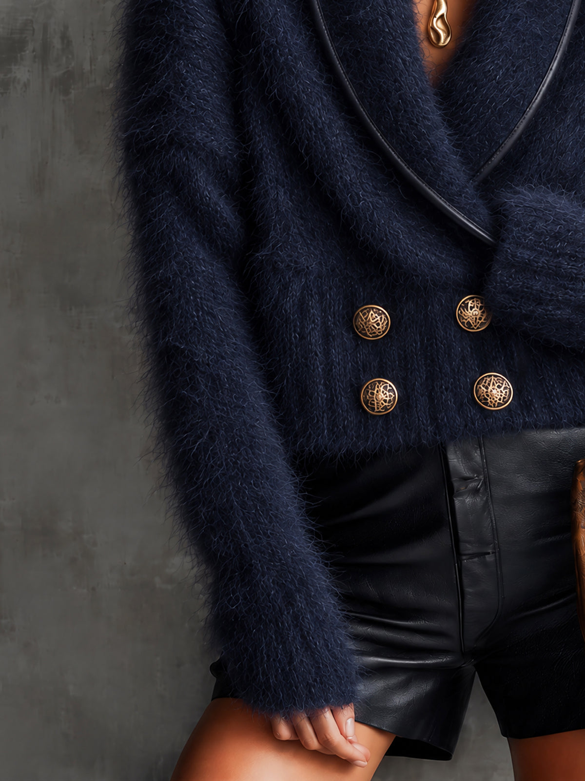 Navy Blue Fuzzy Mohair Knit Shawl Collar Double Breasted Cropped Sweater