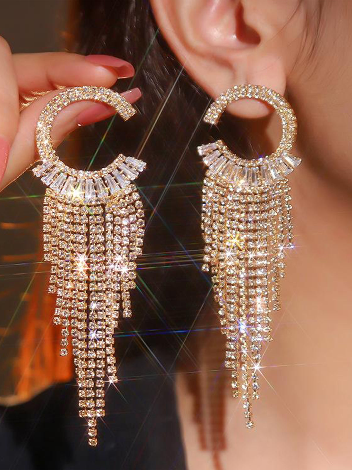 Long Tassel Rhinestone Drop Earrings