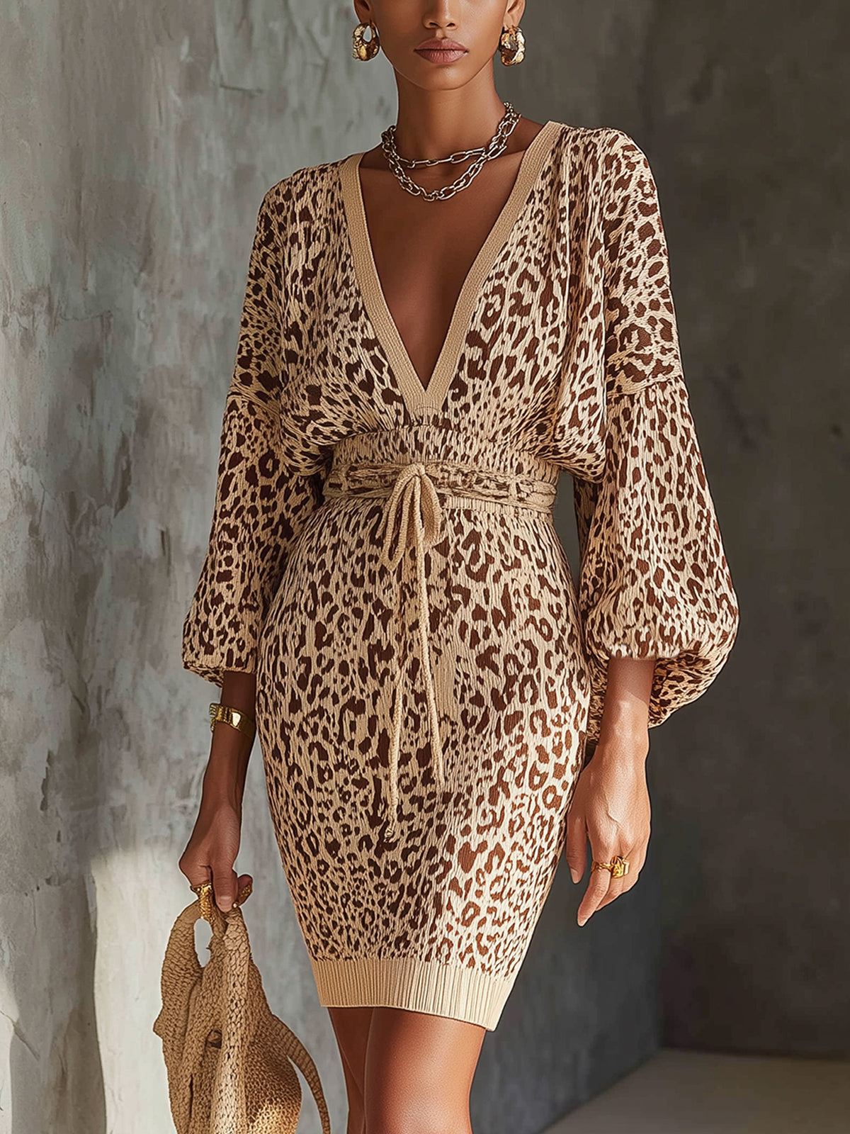Beige Leopard Knit V-Neck Drawstring Bodycon Dress
