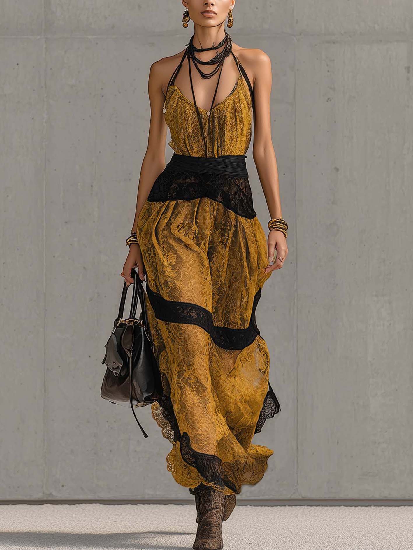 Mustard Yellow Lace Patchwork Black Sleeveless Maxi Dress