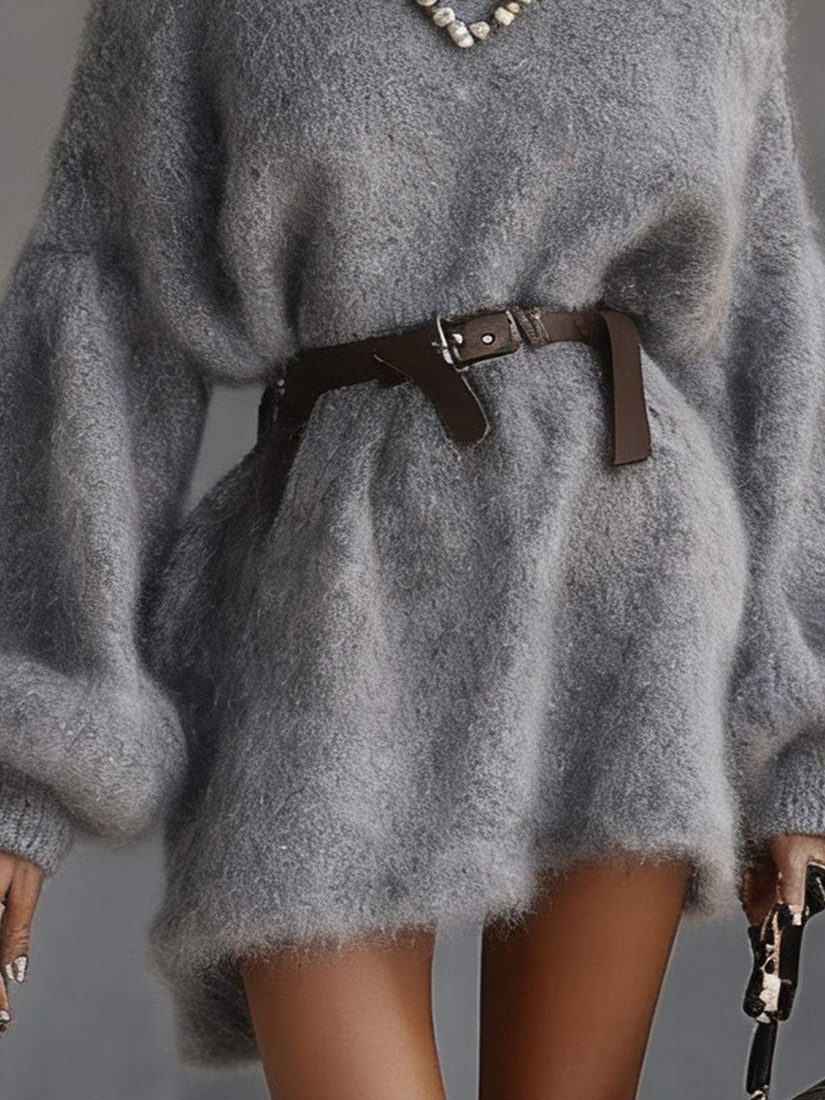 Gray Fuzzy Knit Turtleneck Dress With Balloon Sleeves And Belt
