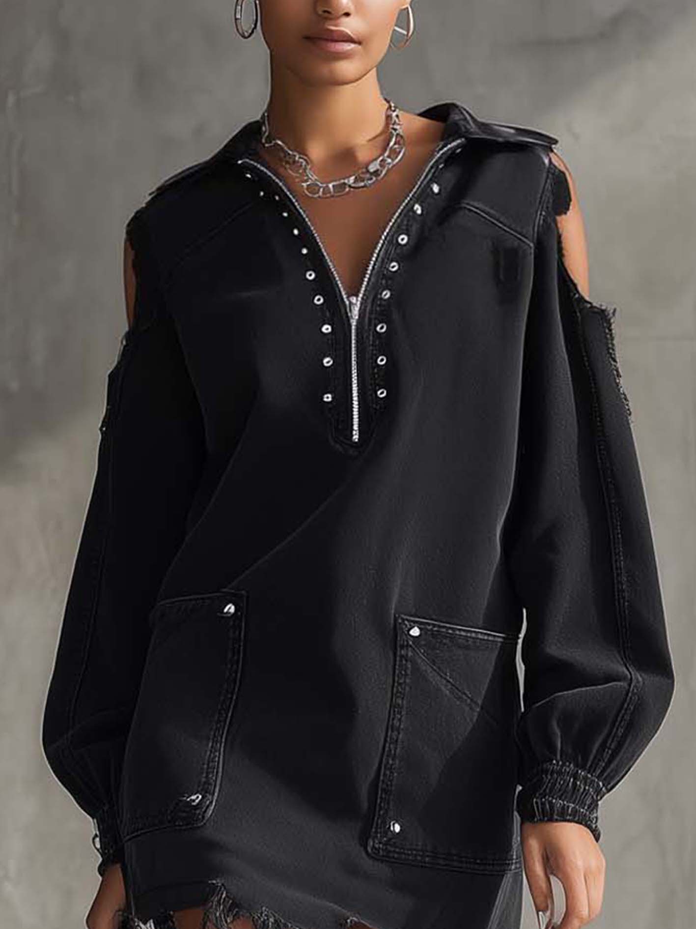 Black Cold Shoulder Denim Mini Dress With Zipper