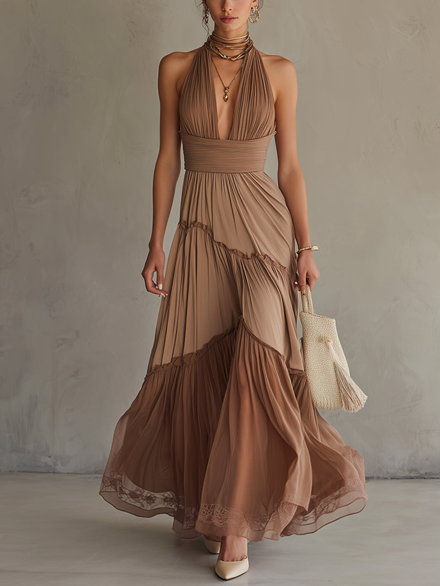 Nude Gradient Chiffon Lace Maxi Dress