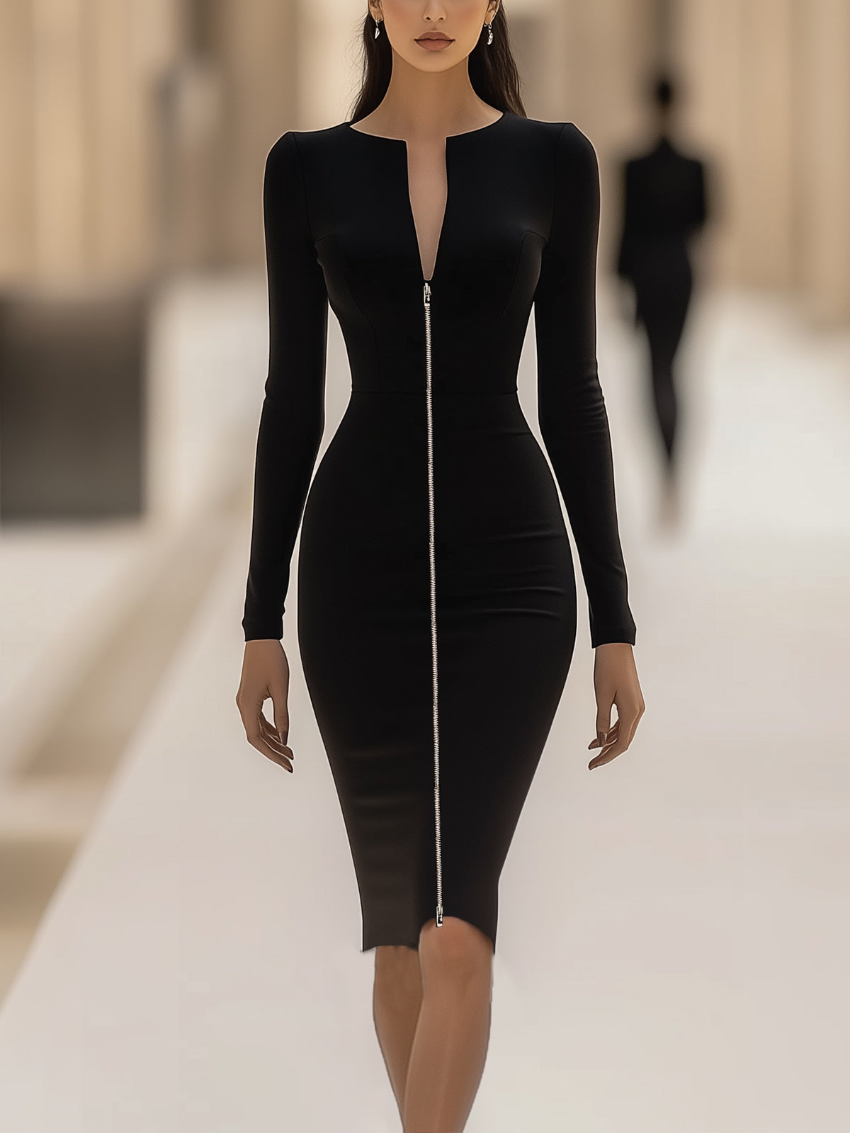 V-Neck Long-Sleeve Black Bodycon Dress With Zipper Design