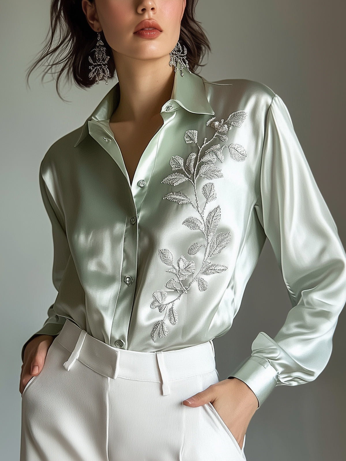 Green Satin Shirt With Silver Leaf Embroidery