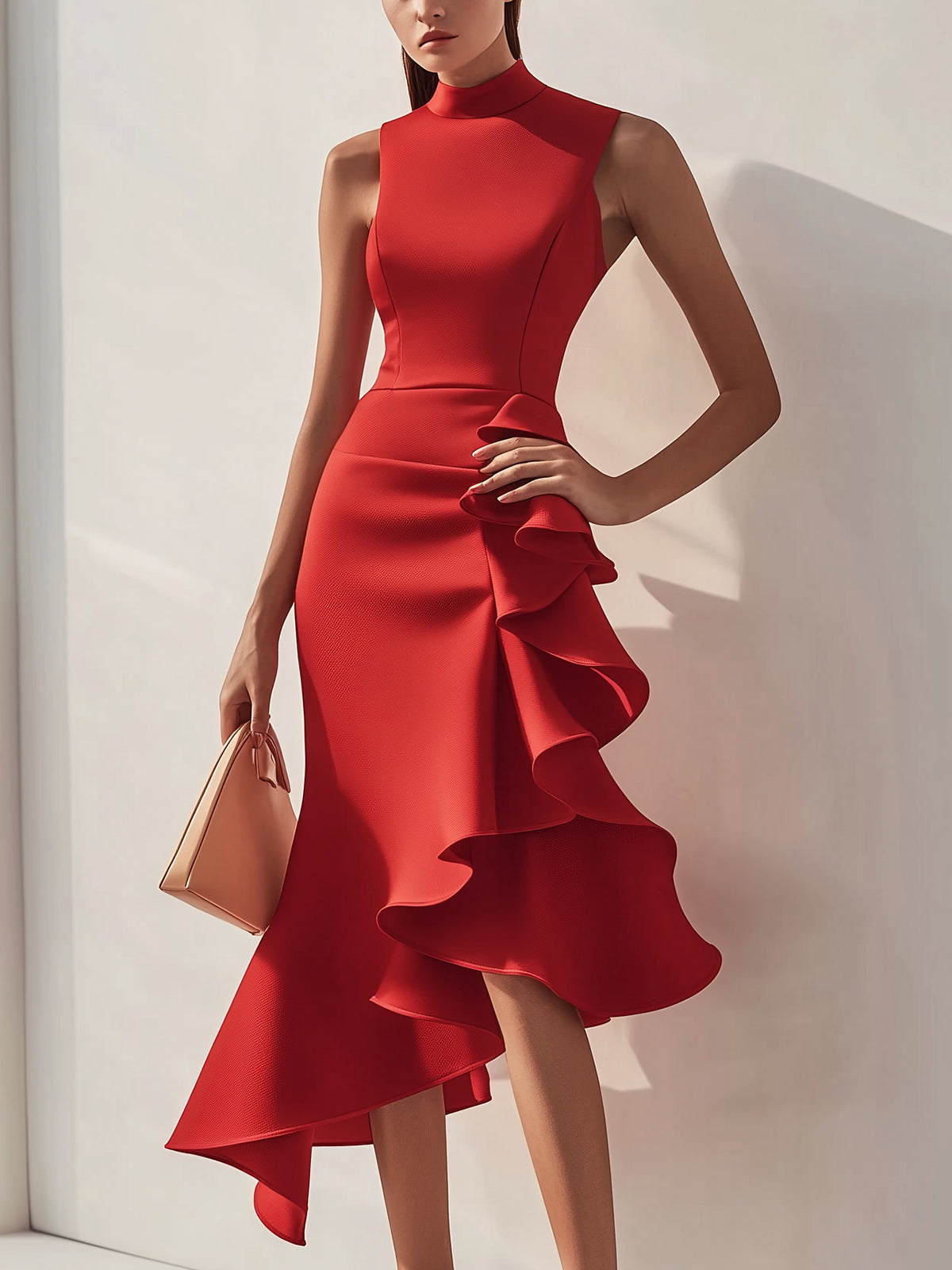 Ruffle Design Red Round Neck  Dress